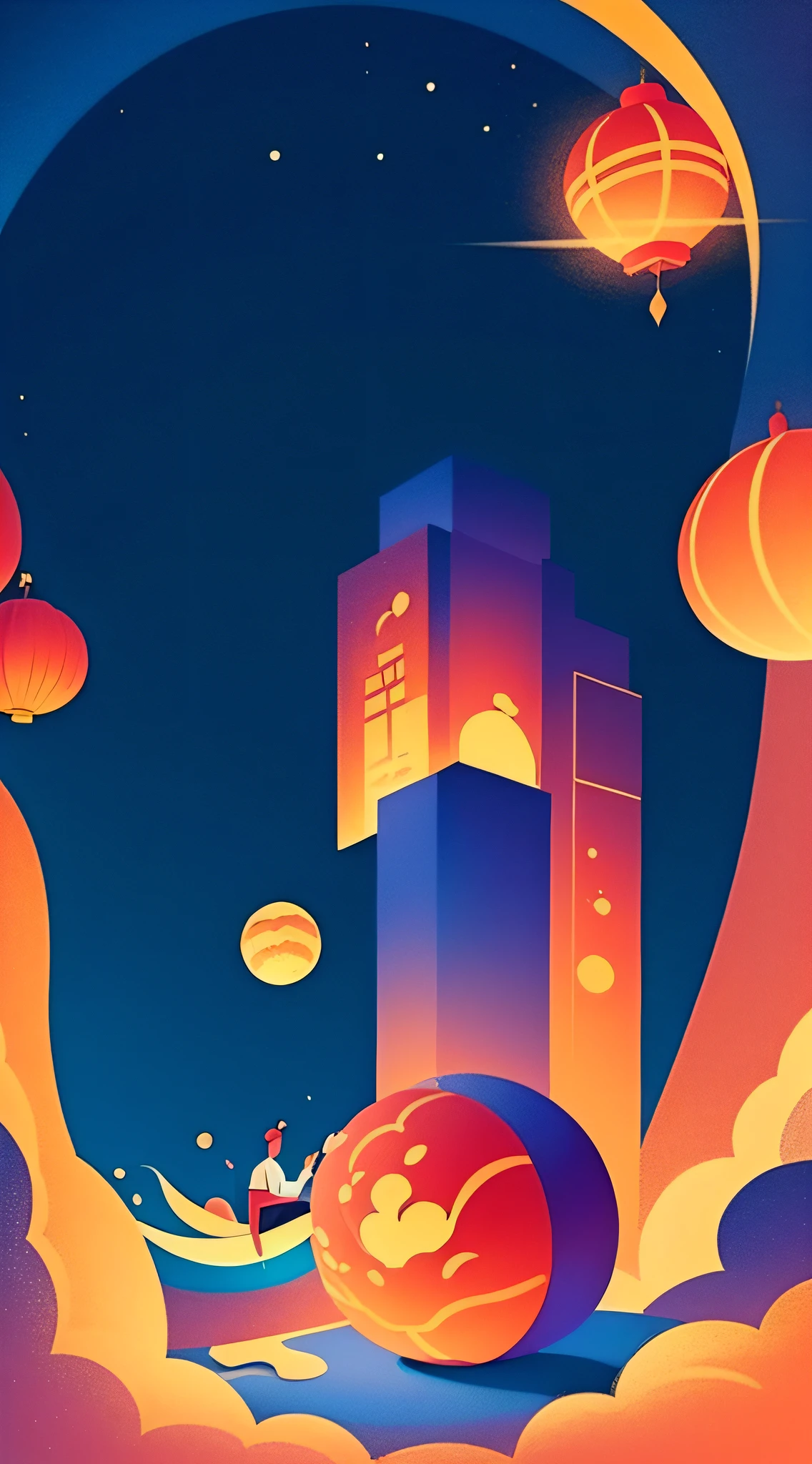 Mid-Autumn Festival,Moon cake, Auspicious clouds, Red lanterns, Exquisite ancient Chinese architecture, In the background is a huge moon, With vector line illustration, amarelo、Red and dark blue tones, Abstract picture, No Man,No Man,No Man,surrealism, Clear background trends, clear contour light, Edge light, fantasy, Dappled light, Flat illustration,Disney style, 8K, --AR 9:16 --q 2 --niji 5
