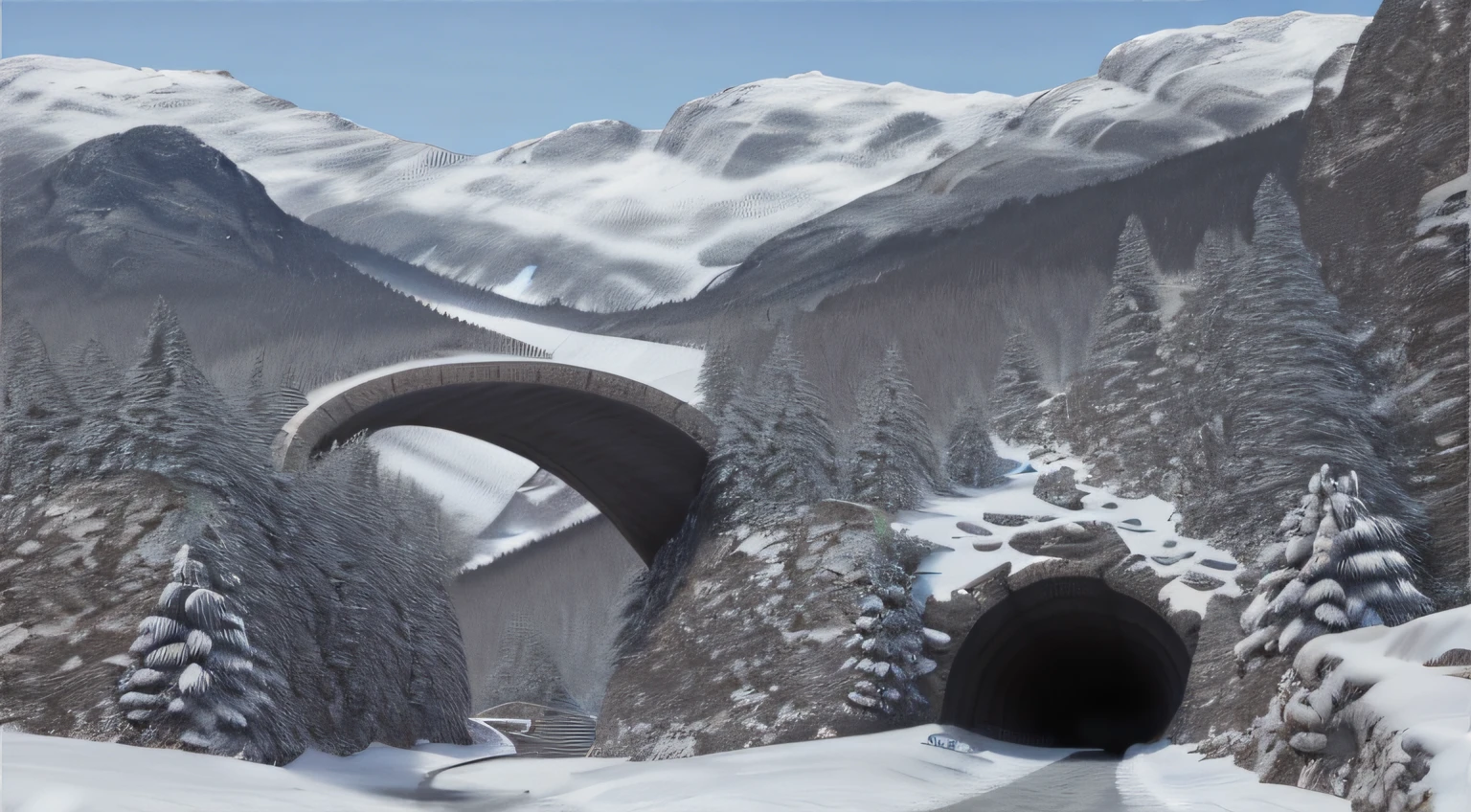 There is a tunnel that is entering the mountains,There is snow on the ground, realistic matte painting, hyperrealistic matte painting, hyperdetailed 3d matte painting, hyperdetailed 3d matte painting, Crazy meticulous matte painting, highly detailed matte painting, ultrarealistic matte painting, Enter the tunnel in winter, 3d matte painting, highly realistic concept art, amazing exquisite matte painting