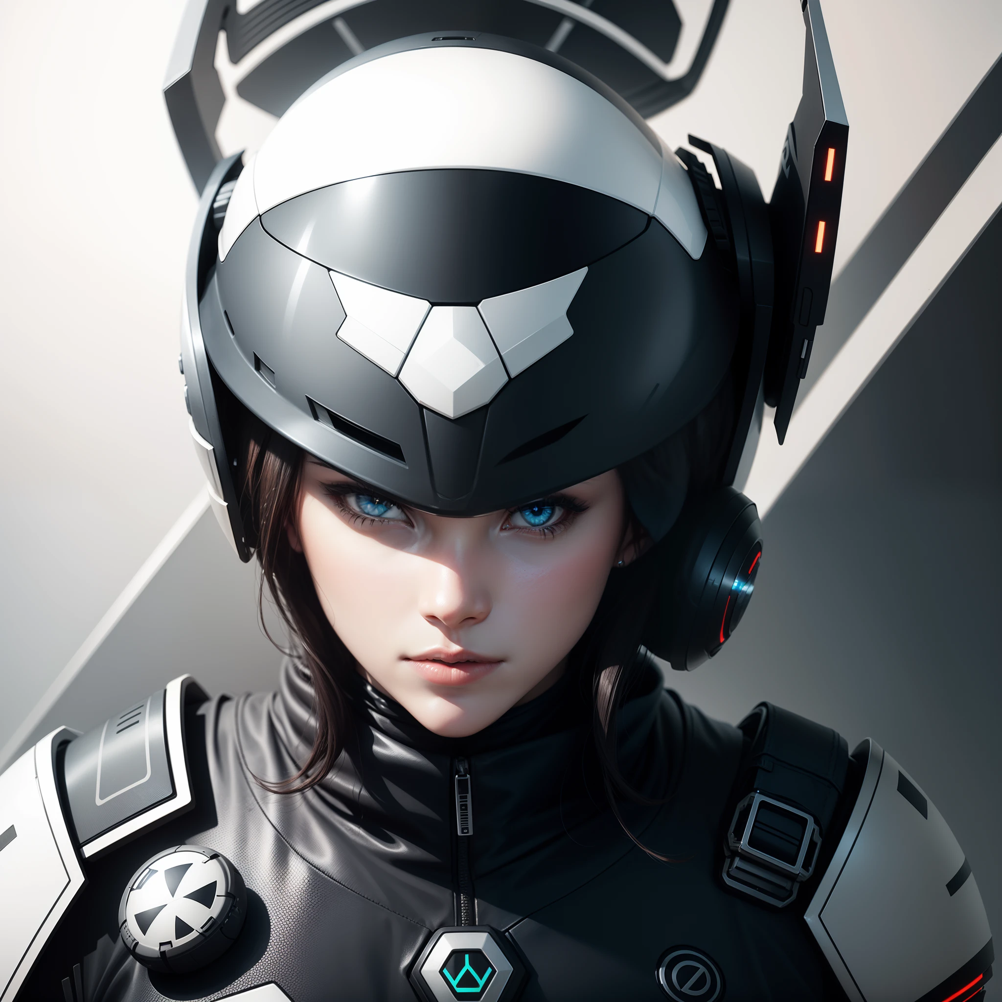 masterpiece, best quality, ultra realistic, hyper-detailed, 8k resolution, RAW photo, sharp focus, (1girl), solo, gorgeous face, perfect body, mature female, 25yo, portrait, mecha, white armor, nanosuit, sexy, messy hair, cinematic, cinematic light, dark theme