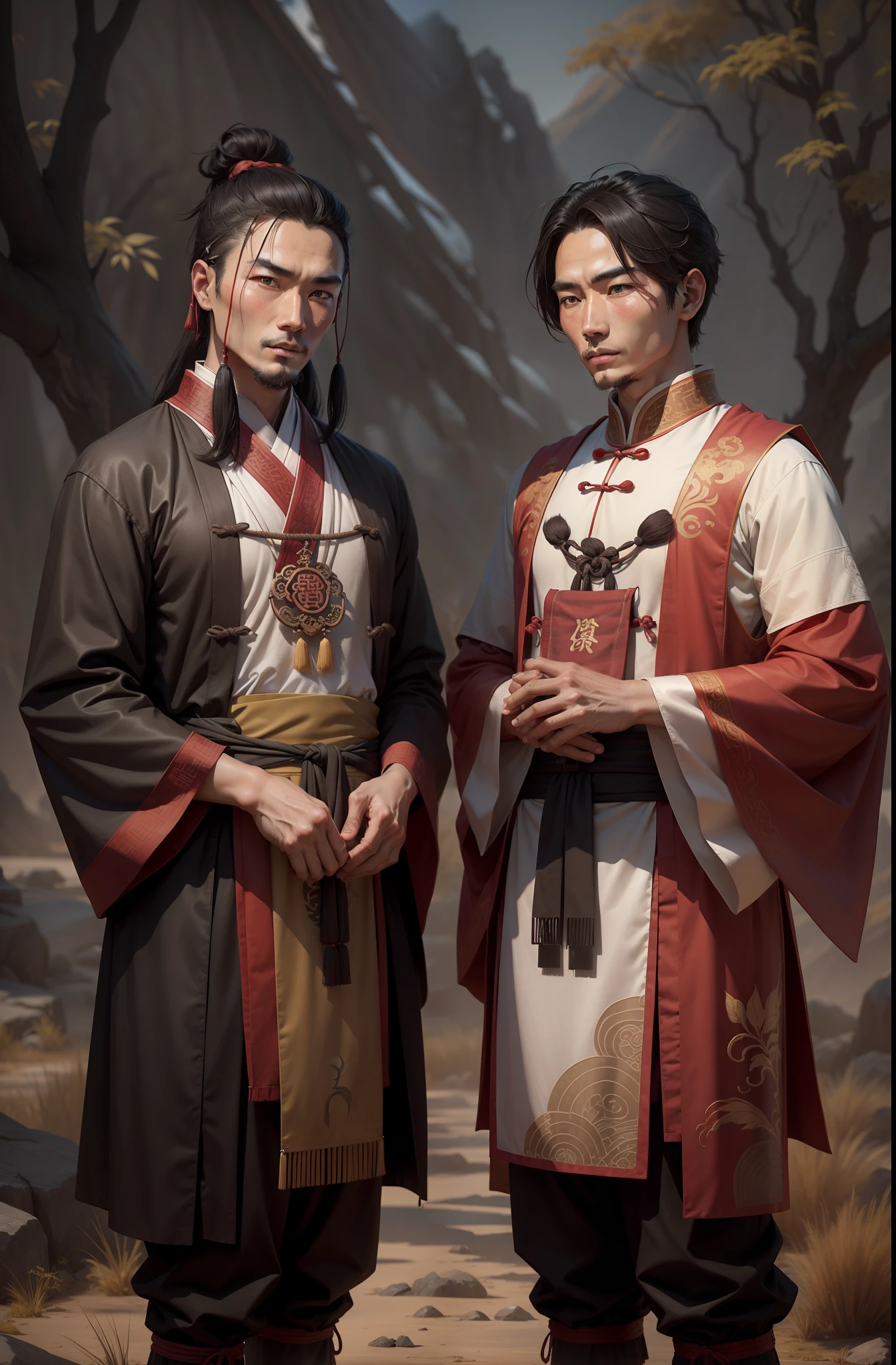 Two ancient Chinese male characters，Cloth in hand，The background is wilderness，The trading cloth is in hand，Barren grass filled the city，Holding damask and cloth in his hand