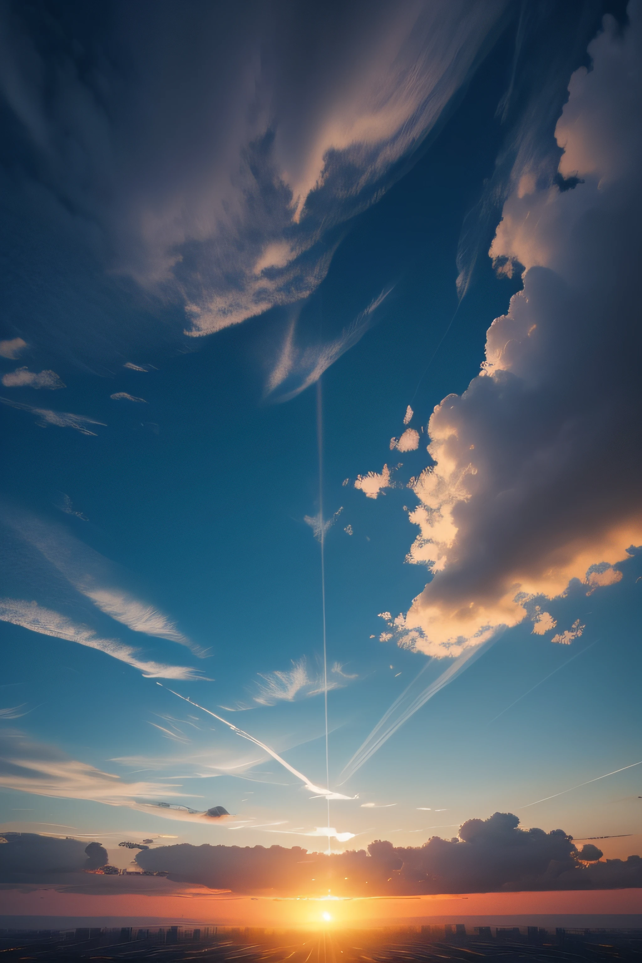 blue-sky，baiyun，Only rotating clouds are used in the middle of the frame，The sunrise light on the ground illuminates the sky，Space perspective，photography of，8k