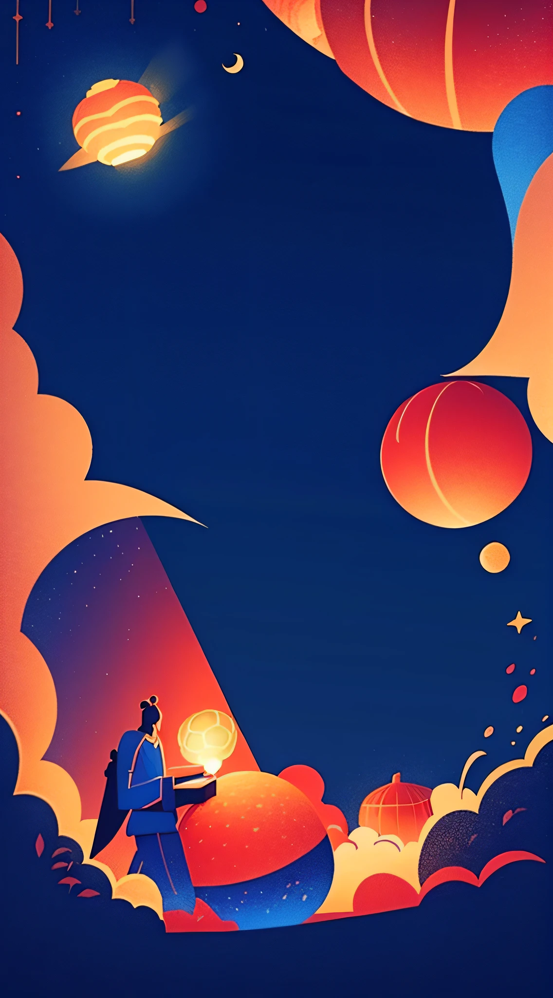 Mid-Autumn Festival,Moon cake, Auspicious clouds, Red lanterns, Exquisite ancient Chinese architecture, In the background is a huge moon, With vector line illustration, amarelo、Red and dark blue tones, Abstract picture, No Man,No Man,No Man,surrealism, Clear background trends, clear contour light, Edge light, fantasy, Dappled light, Flat illustration,Disney style, 8K, --AR 9:16 --q 2 --niji 5