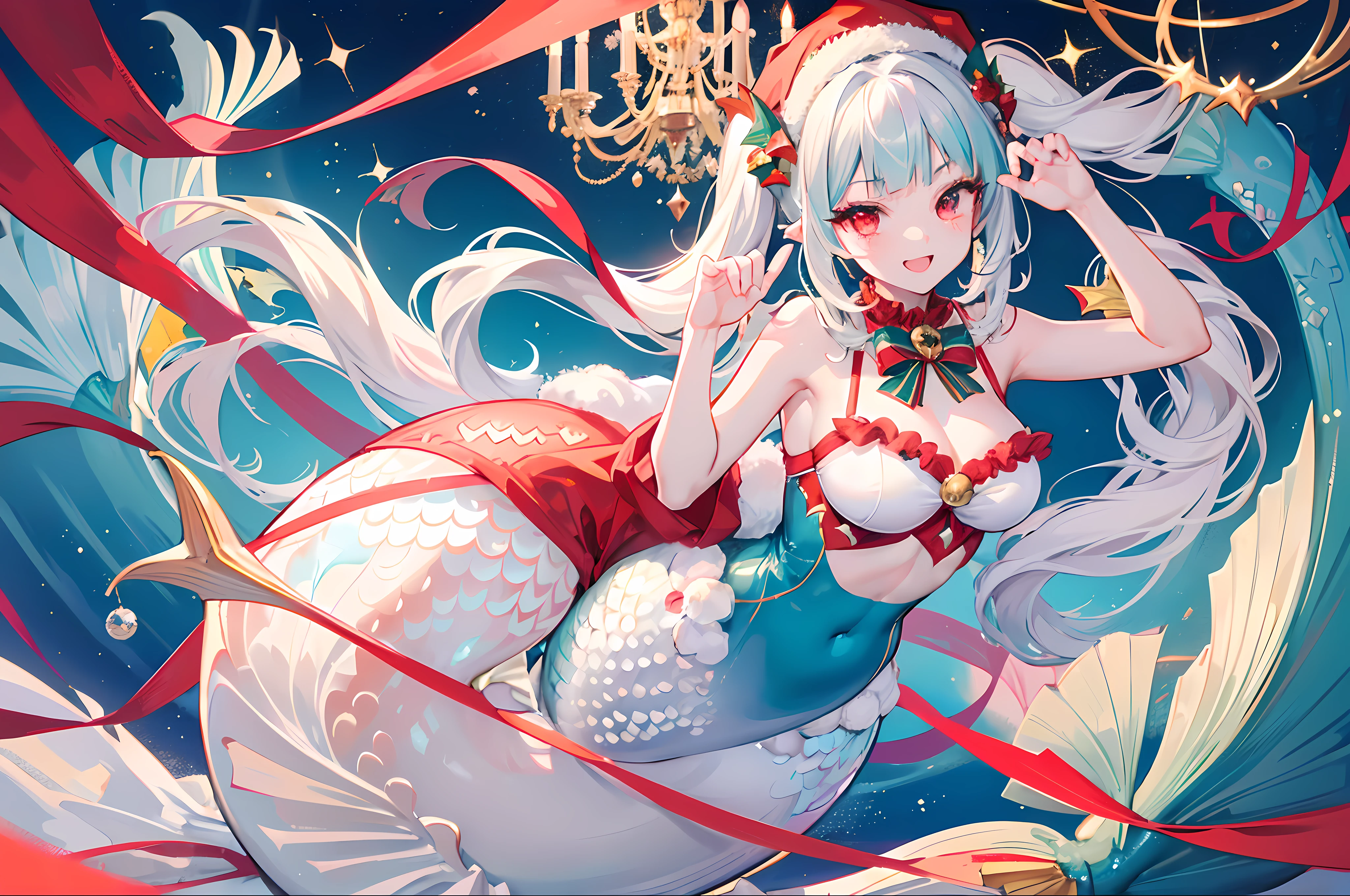 Best Quality, Extremely detailed, Anime, Extremely Cute and Beautiful Face, (extremely detailed eye:1.4), 1girl in, Solo, Laughing, Standing, Dynamic Angle, (mermaid:1.4), (santa costume|bikini of), santa hat, Red Eyes, (Twintail:1.2), White hair, Christmas tree, Christmas, at sea,