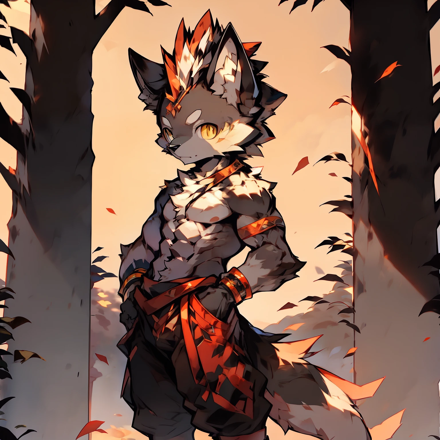 Best quality, Young, 15 year old, Furry, Solo, Male Wolf: 1.5, Black fur: 1.5, Black Ears, Animal Ear, Yellow eyes, Muscular body, Abs, Wearing Shaolin legging, Topless, Standing in the courtyard of Shaolin Temple, Wearing bracelets, Mohawk hair, Detailed fur, Detailed clothes.