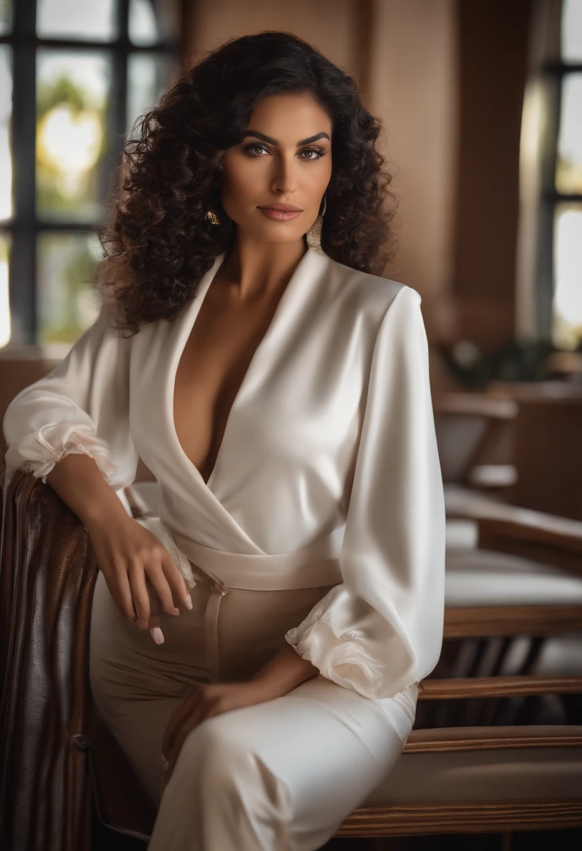 Gera a imagem de uma bela, Elegant and sophisticated woman with a curvy medium body. Ela tem 33 anos. She wears a white turtleneck blouse and dark beige pants. Woman has wavy black hair of medium length. (drinking coffee inside a trendy cafe at sunset), muito detalhado, 33 anos, cabelo preto ondulado natural, olhos castanho escuro, alta resolução, obra-prima, melhor qualidade, detalhes intrincados, altamente detalhado, Clear focus, pele detalhada, textura de pele realista, textura, olhos detalhados, profissional, 4k, boca fechada, filmado em Canon, 85mm, profundidade de campo rasa, kodak vision color, corpo de ajuste perfeito, extremamente detalhado, foto_\(ultra\), fotorrealista, realista, Post-processing, maximum detail, aspereza, vida real, ultra realista, fotorrealismo, fotografia, 8k uhd, fotografia