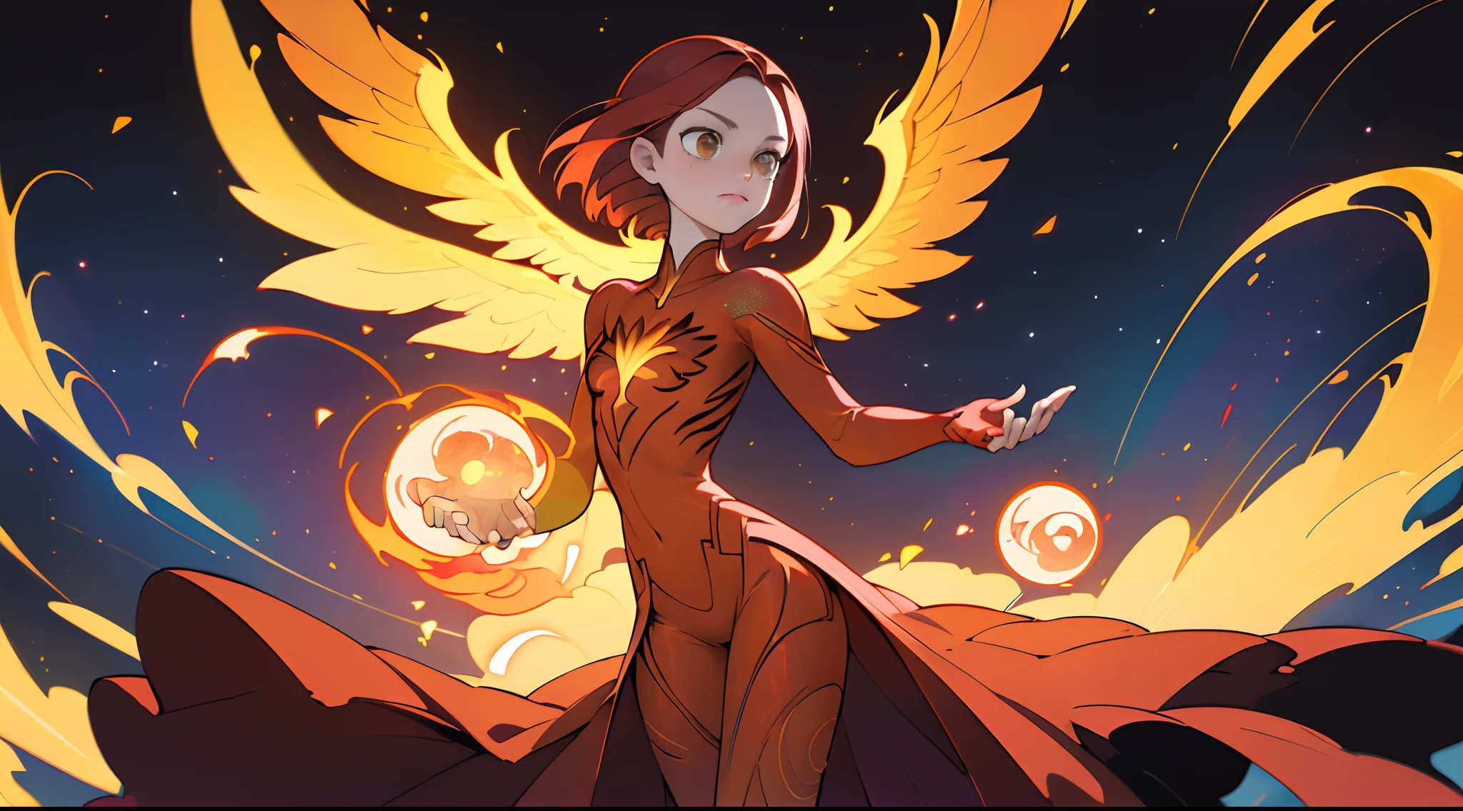 Phenix, Jean Grey, (melhor qualidade, obra-prima), 1girl, galaxy, purpurina, vestido, Particle, vento, flor, parte superior do corpo, fundo escuro simples, olhando para o espectador, loira,