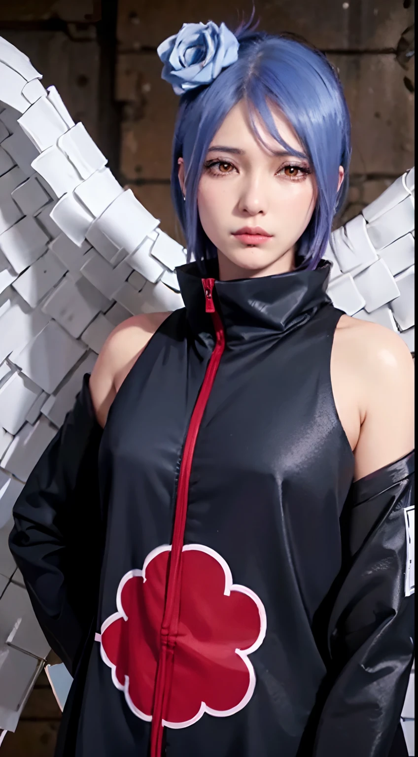 konan \(naruto\), solo, looking_at_viewer, 1girl, closed_mouth, paper wings, akatsuki outfit, paper jutsu, labret piercing