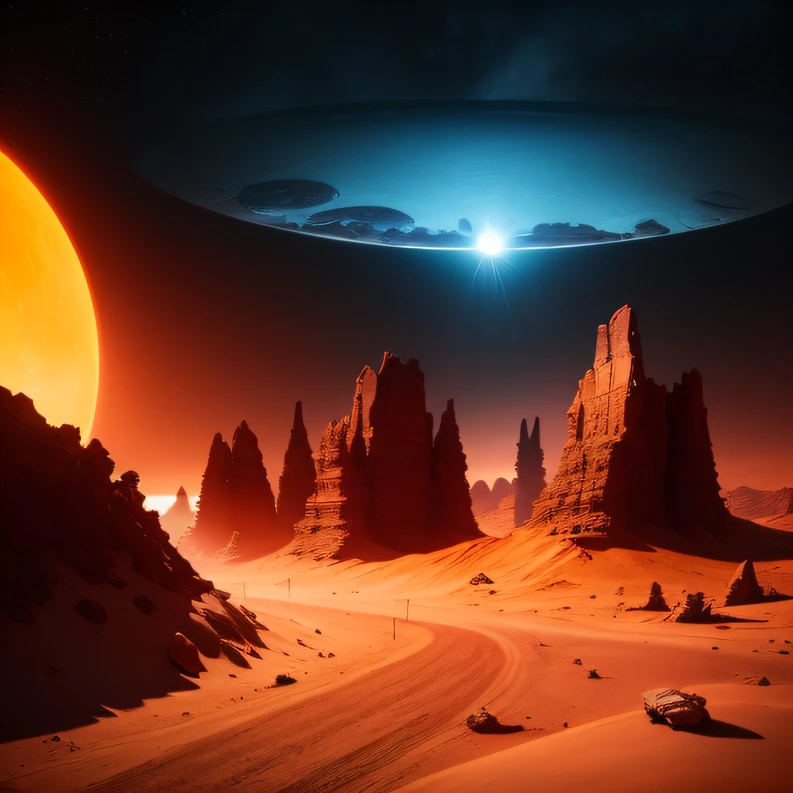 Alien base (Very detailed) In the mountainous desert，There are several exhaust fans and chimneys, Some spotlights come out of the base to illuminate dark places, (Extreme nights), Some clouds in the night sky, Some of the surrounding planets provide air to unknown planets，The farthest giant volcano is erupting