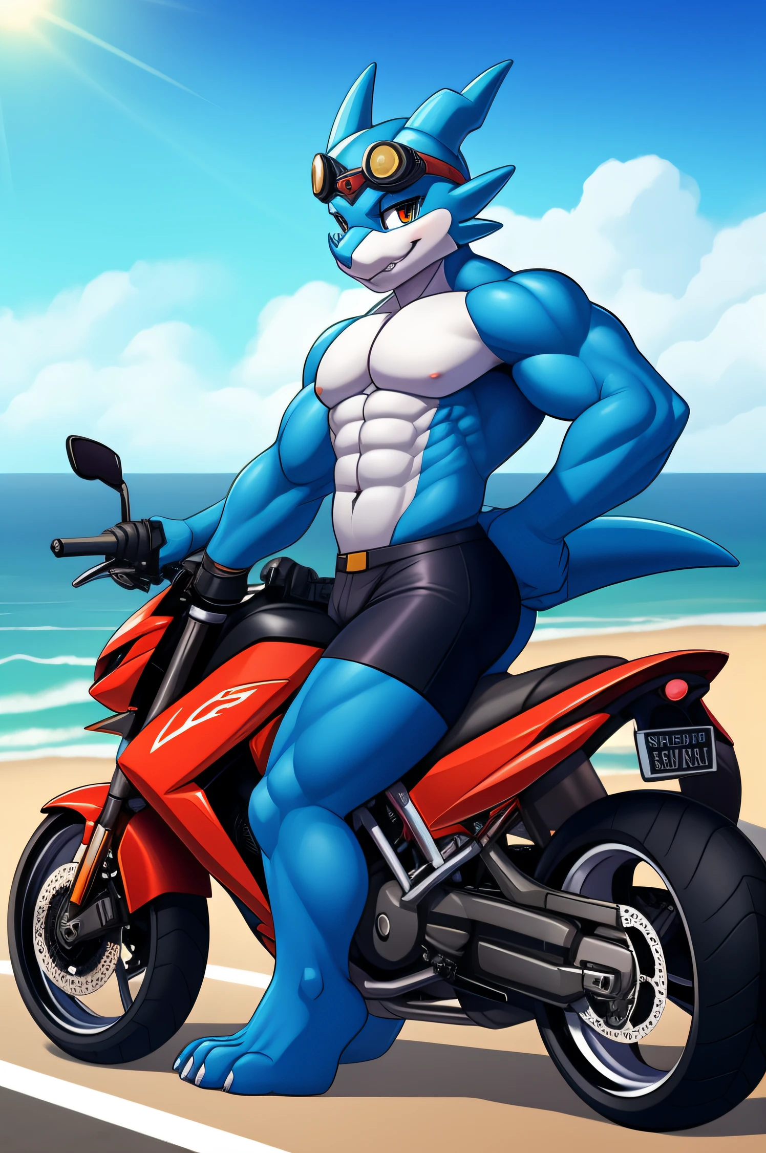 muscular veemon riding motorcycle, clothed, wearing goggles on head