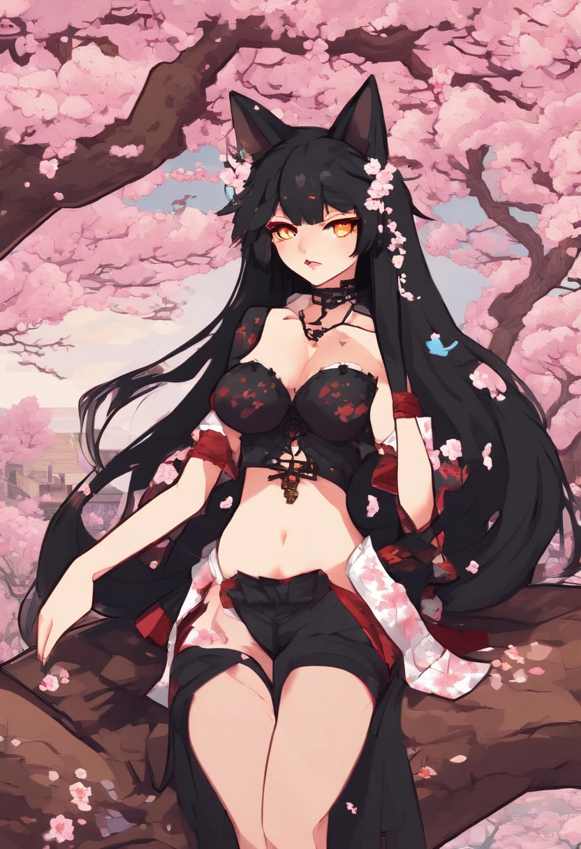 ((Goth Kitsune girl)) with ((Long straight black Hair)) and ((Kitsune Tails)) ((light yellow eyes)) and ((hyper Breasts)) and ((massive waist)), ((full-length portrait)), ((sitting down on a cherry blossom tree doing something sexy)), ((wear massive diaper)) and ((Massive Hourglass Figure))