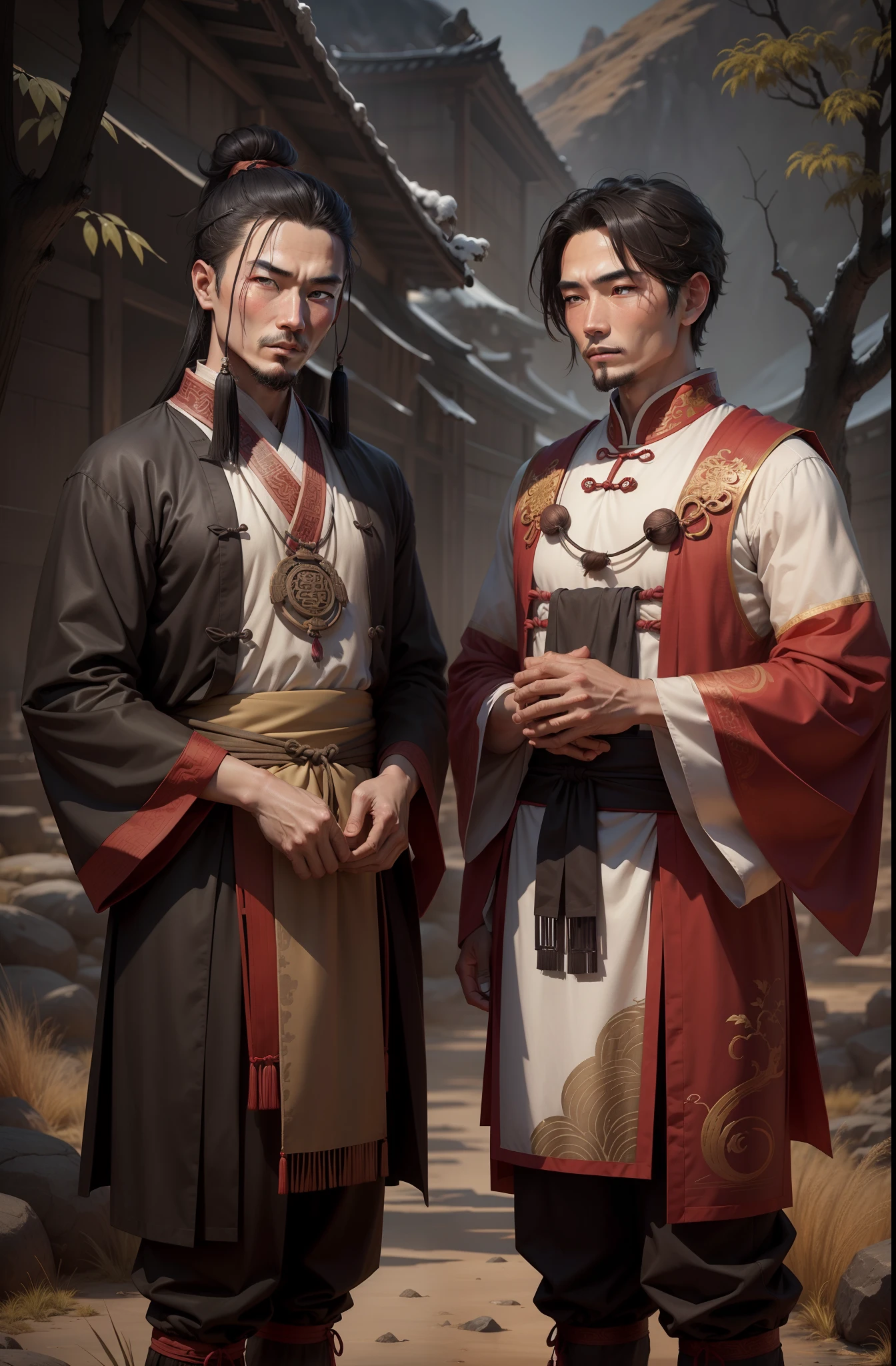 Two ancient Chinese male characters，Cloth in hand，The background is wilderness，The trading cloth is in hand，Barren grass filled the city，Holding damask and cloth in his hand，Empty rice barn