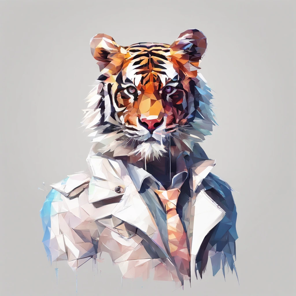 Perfect alignment, Cute little tiger wearing a jacket,crystal vases,Rose flower, Wearing sunglasses, cheerfulness, Standing position, Abstract beauty, Centered, Looking at the camera, Facing the camera, nearing perfection, Dynamic, Highly detailed, smooth, Sharp focus, 8K, high definition resolution, illustration, Art by Carne Griffiths and Wadim Kashin, White background
