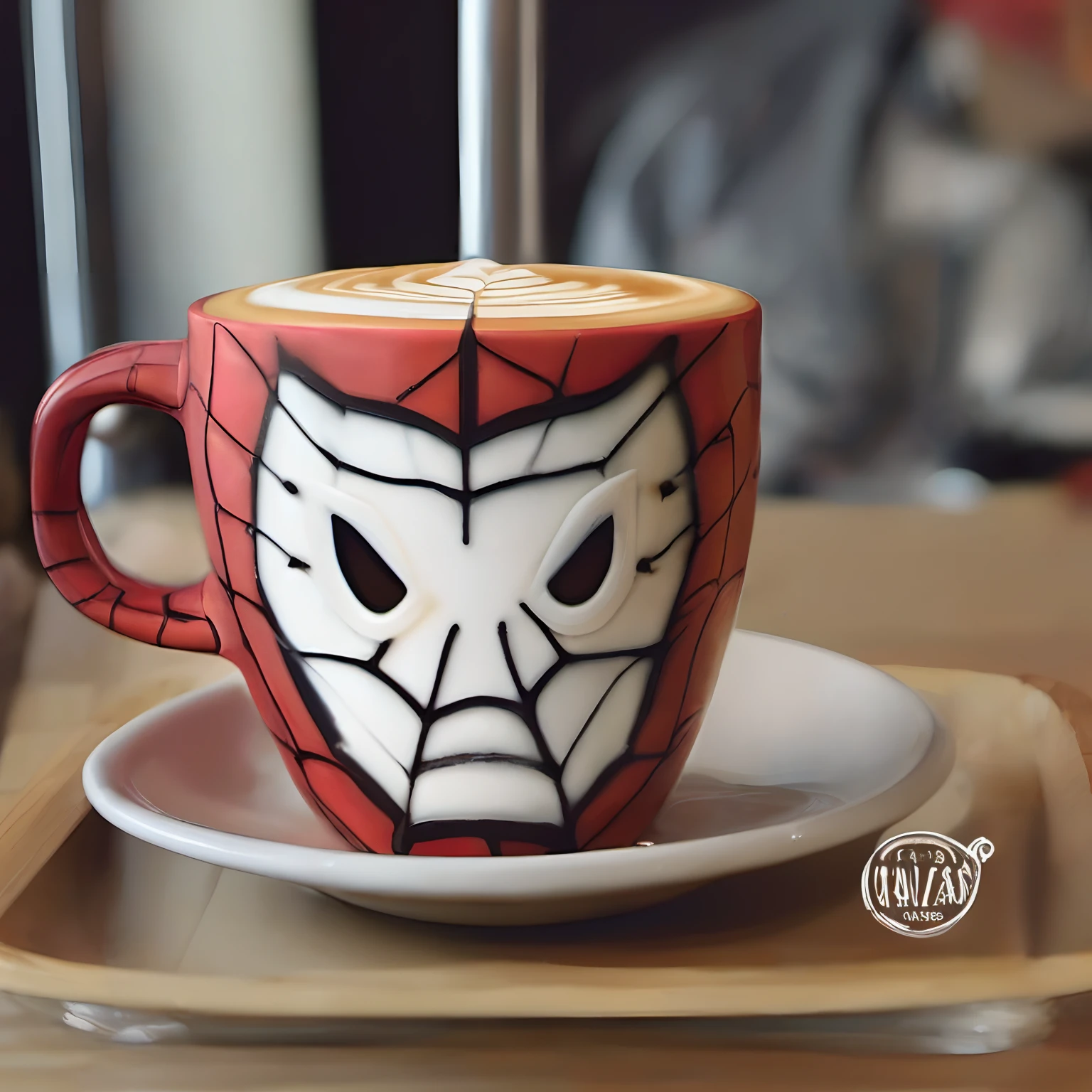 (Cafe Latte、Latte art):1.5、(Expressing the face of a spiderman with latte art):1.5、masutepiece、realisitic