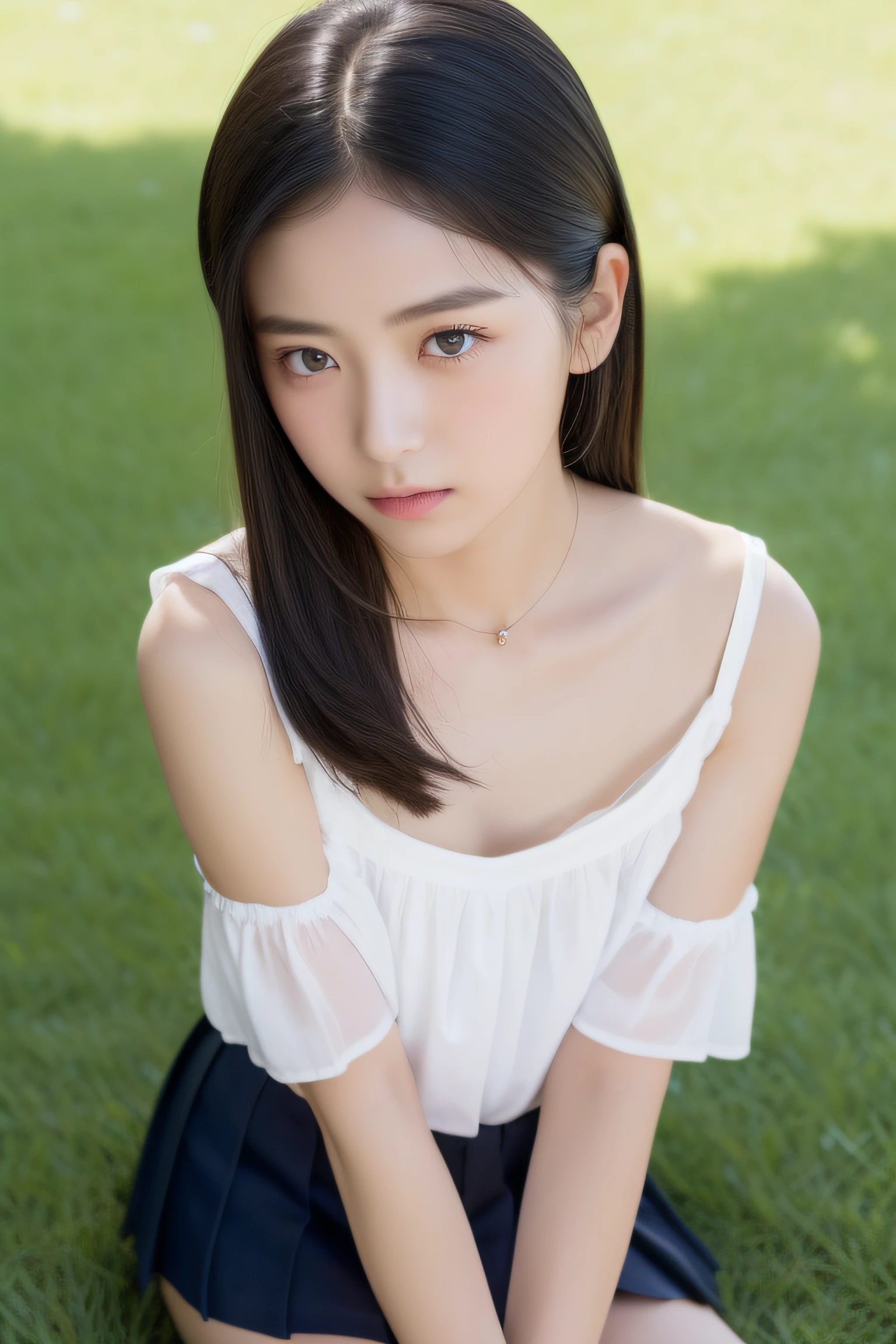 (top-quality、8K、32K、masterpiece、nffsw:1.2)、Neat and clean schoolgirl、petite person、13yo girl、Ponytail with black hair、Blouse with white collar、Red checked miniskirt、white panties、beauitful face、(Slouched:1.3)、crouching down、(From above:1.2)、(slim, Small, Flat, Small)、delicate sexy collarbone、Detailed eyes、Black eyes、Double eyelids、outside of house、the wind、shinny skin、blurry backround、