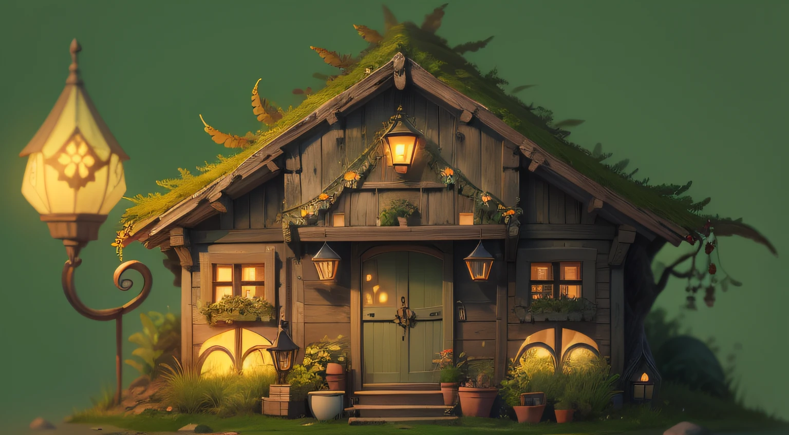 Jungle elves,Wood spirit,Golden-green fluorescent antennae,Cute elves,Small chalet,As night fell