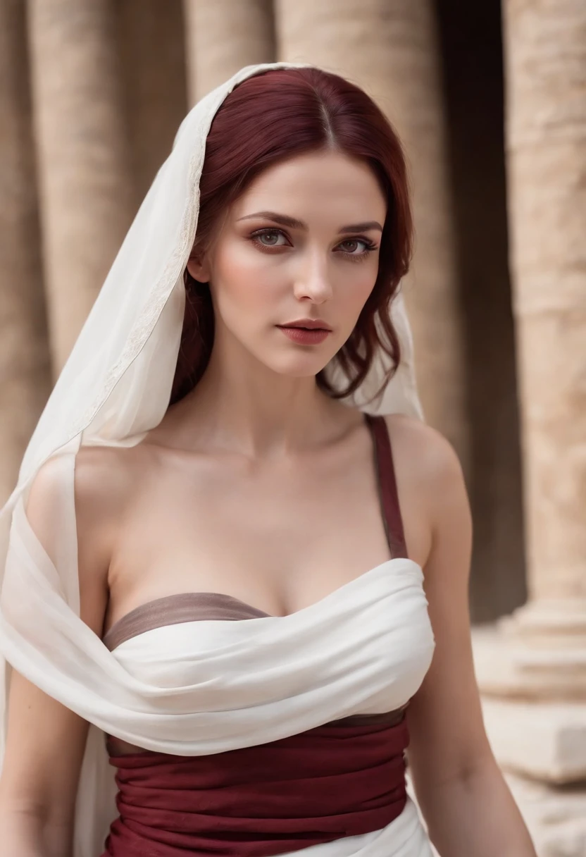 Greek goddess of hearth and fire, with ((dark red hair)) and ((dark red eyes)), is fair-skinned, (wears a torn long white greek toga and a torn white veil, ultra huge tits, realistic nipples), looks mysterious and beautiful, inside of an ancient greek temple, "holy fire of vesta", Greek mythology, sacred atmosphere, photorealistic, super high quality, super detail, ultra accurate description of hands, masterpiece, 8K, HDR