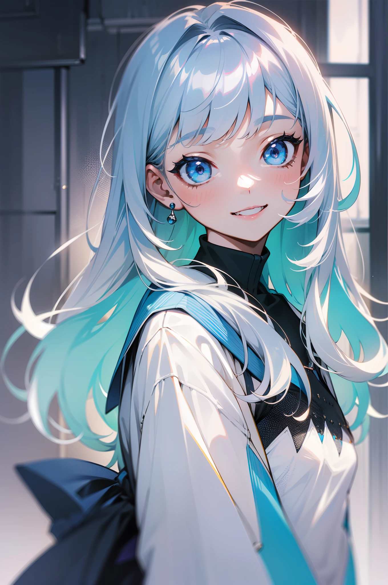 1girl in、WhiteCUL、a 18 year old girl、long hair with gray hair、Blue eyes、Bangs、Costumes in white and blue tones、Cheerful smile