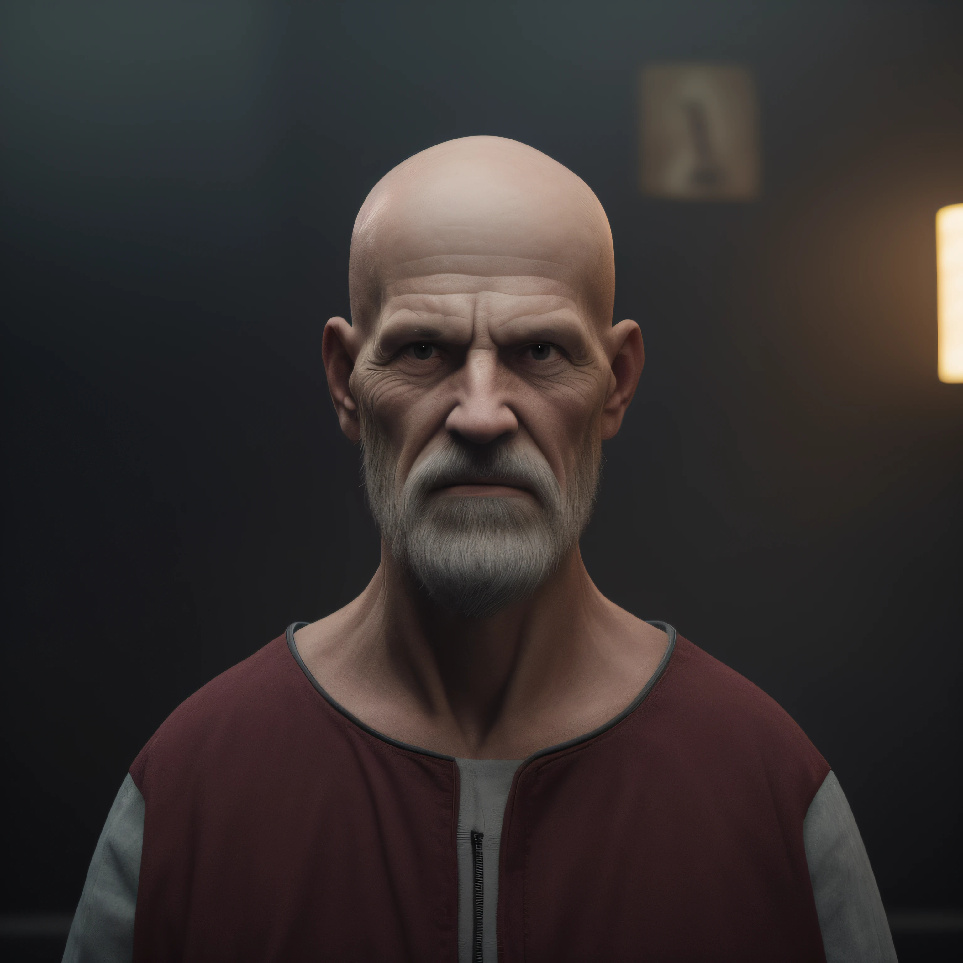 um close up de um homem careca com barba e barba, 8k portrait render, bald head and menacing look, Retrato VFX altamente detalhado, bald man, conceito de personagem realista, Personagem altamente detalhado, Cinematic realistic portrait, cinematic full character, Personagem pequeno. Motor Unreal 5, Personagem 3d realista, Retrato de Careca, cinematic bust portrait, Retrato do humanoide masculino