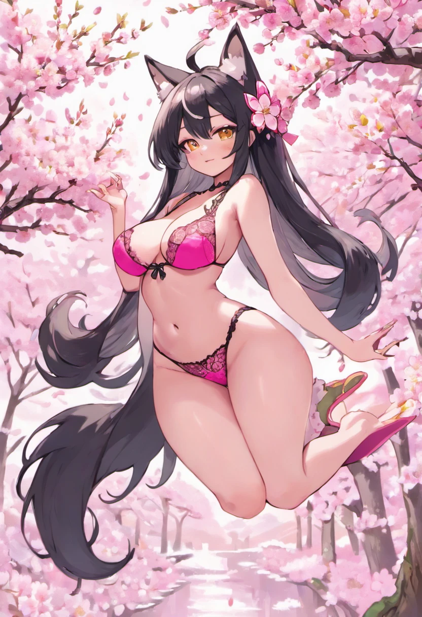 ((Goth Kitsune girl)) with ((Long straight black Hair)) and ((Kitsune Tails)) ((light yellow eyes)) and ((hyper Breasts)) and ((massive waist)), ((full-length portrait)), ((sitting down on a cherry blossom tree doing something sexy)), ((wear pink lace bra and pink lace panties)) and ((Massive Hourglass Figure))