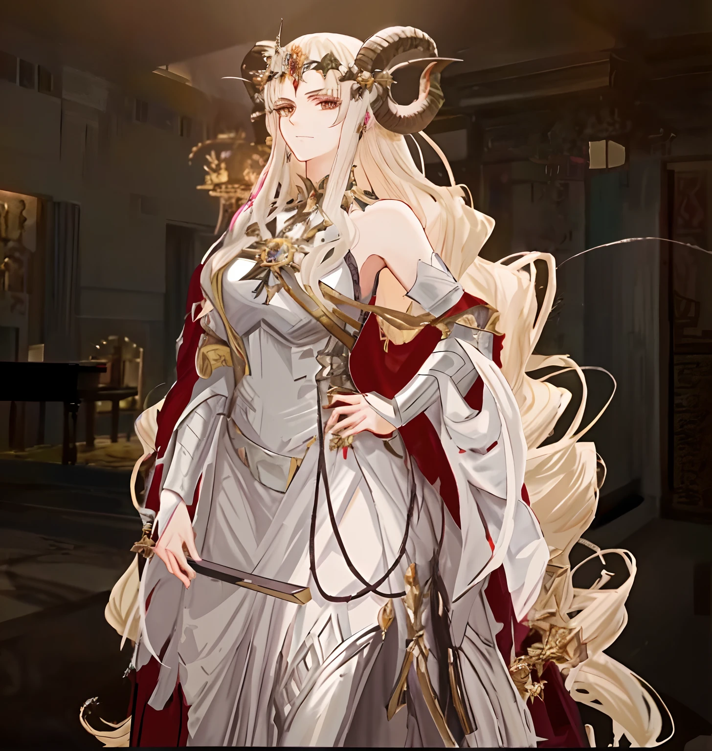 Anime characters wear black armor,There are horns and swords, Black Horn Queen Demon, the goddess artemis smirking, ((a beautiful fantasy empress)), a beautiful fantasy empress, the godess hera looking angry, white-haired god, tmasterpiece《Goddess of sorrow》, Kawasi, elfic priestess, From Arknights, inspired in kris from deltarrune