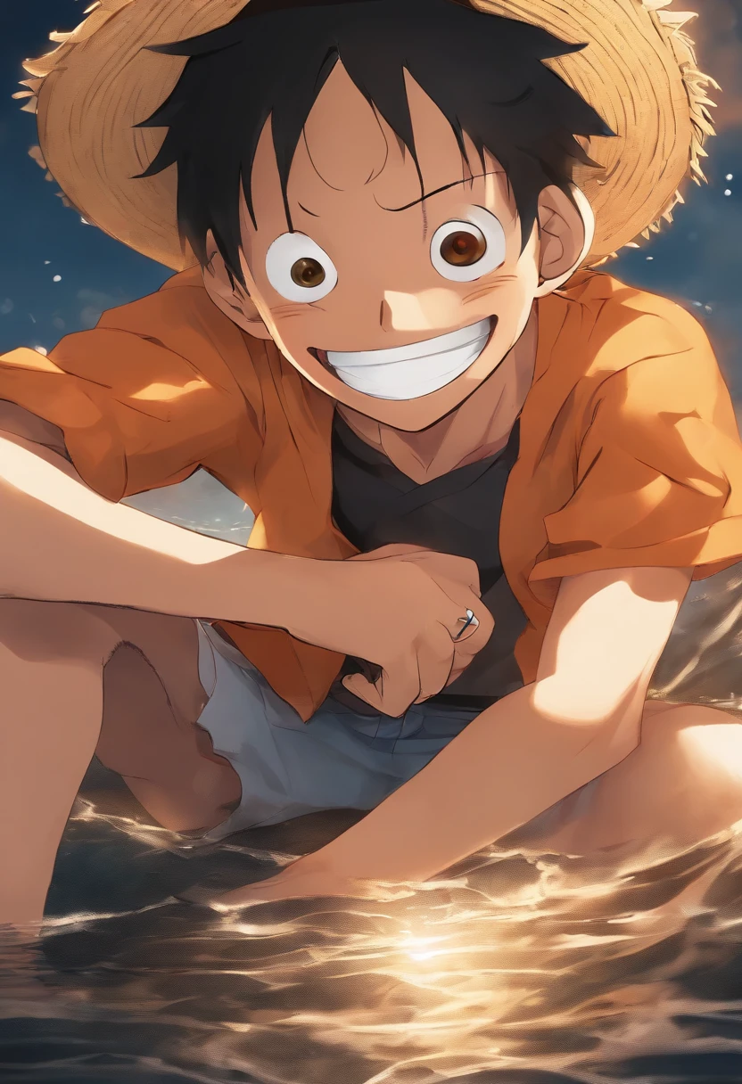 luffy, straw hat, 1boy, male focus, solo, hat, black hair, smile, looking at viewer, shirt, grin, scar, water, orange eyes, dirty, open clothes, collarbone, white shirt, short hair