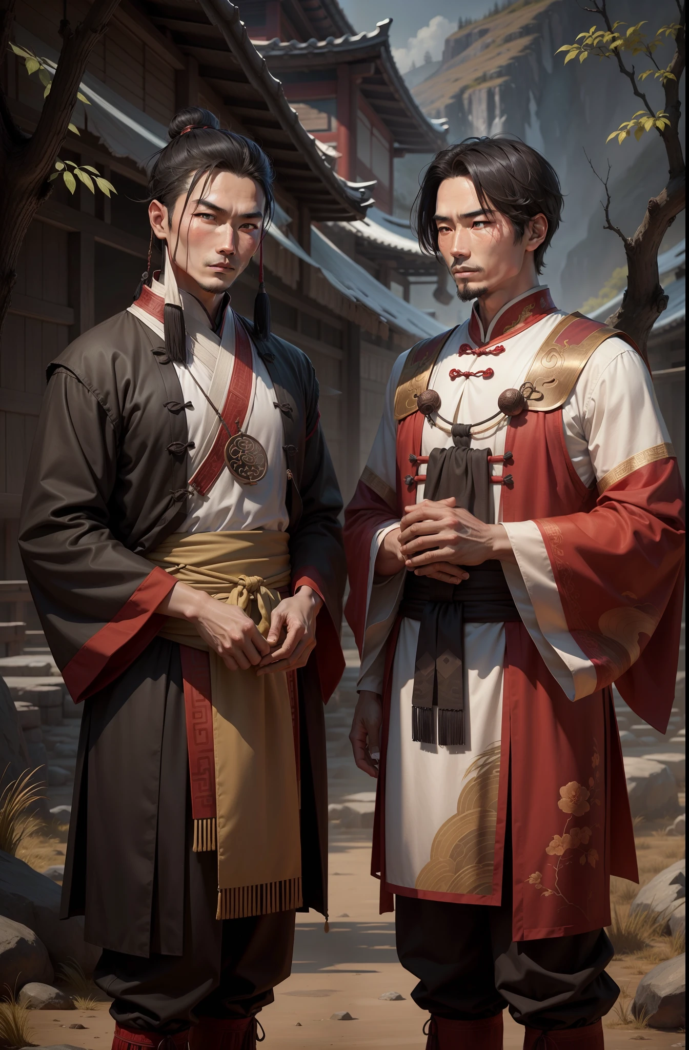 Two ancient Chinese male characters，Cloth in hand，The background is wilderness，The trading cloth is in hand，Barren grass filled the city，Holding damask and cloth in his hand，Empty rice barn