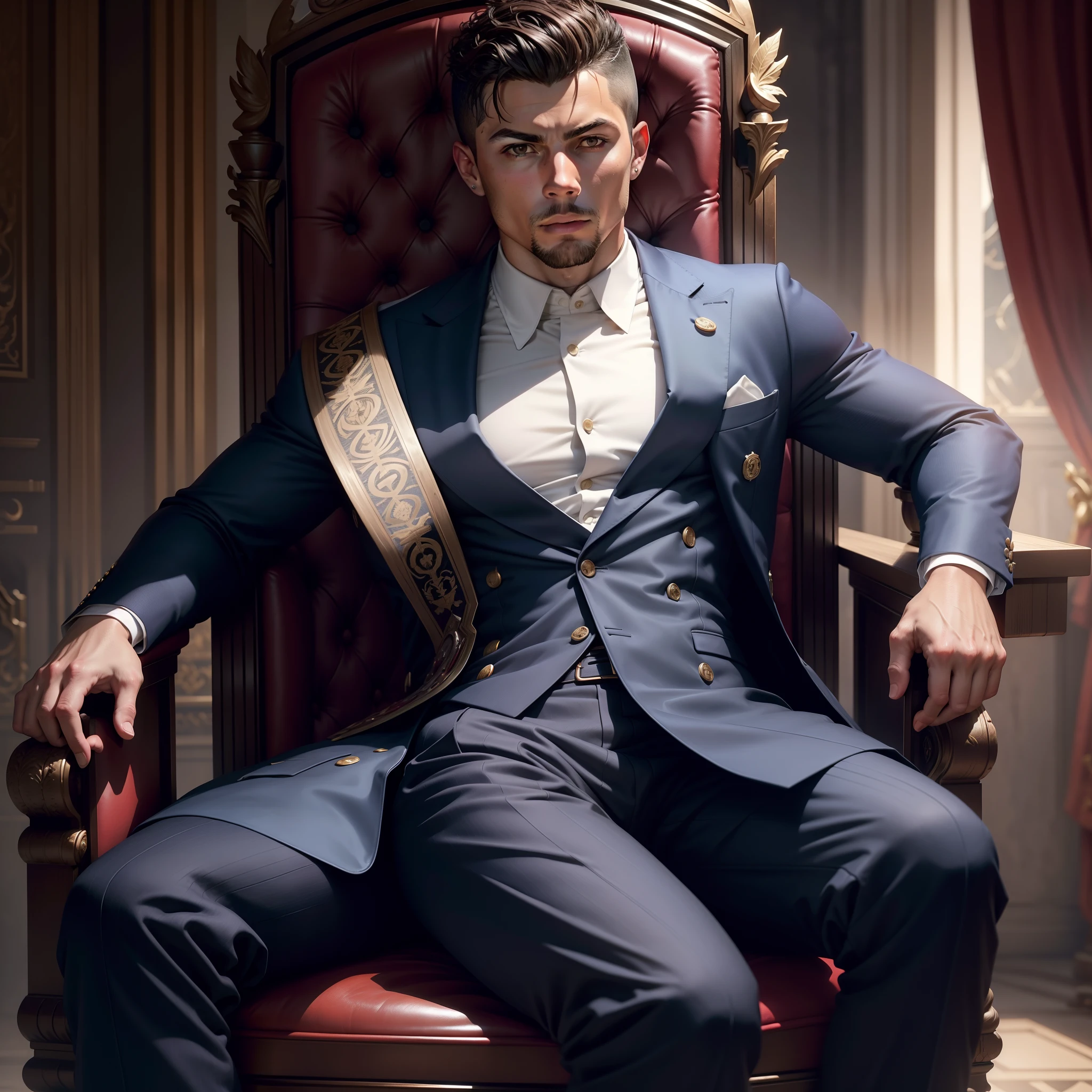 ronaldo seated on a regal king's chair. He dressed in a sharp pant and coat, with two buttons of his shirt casually undone. The scene should exude a cinematic vibe