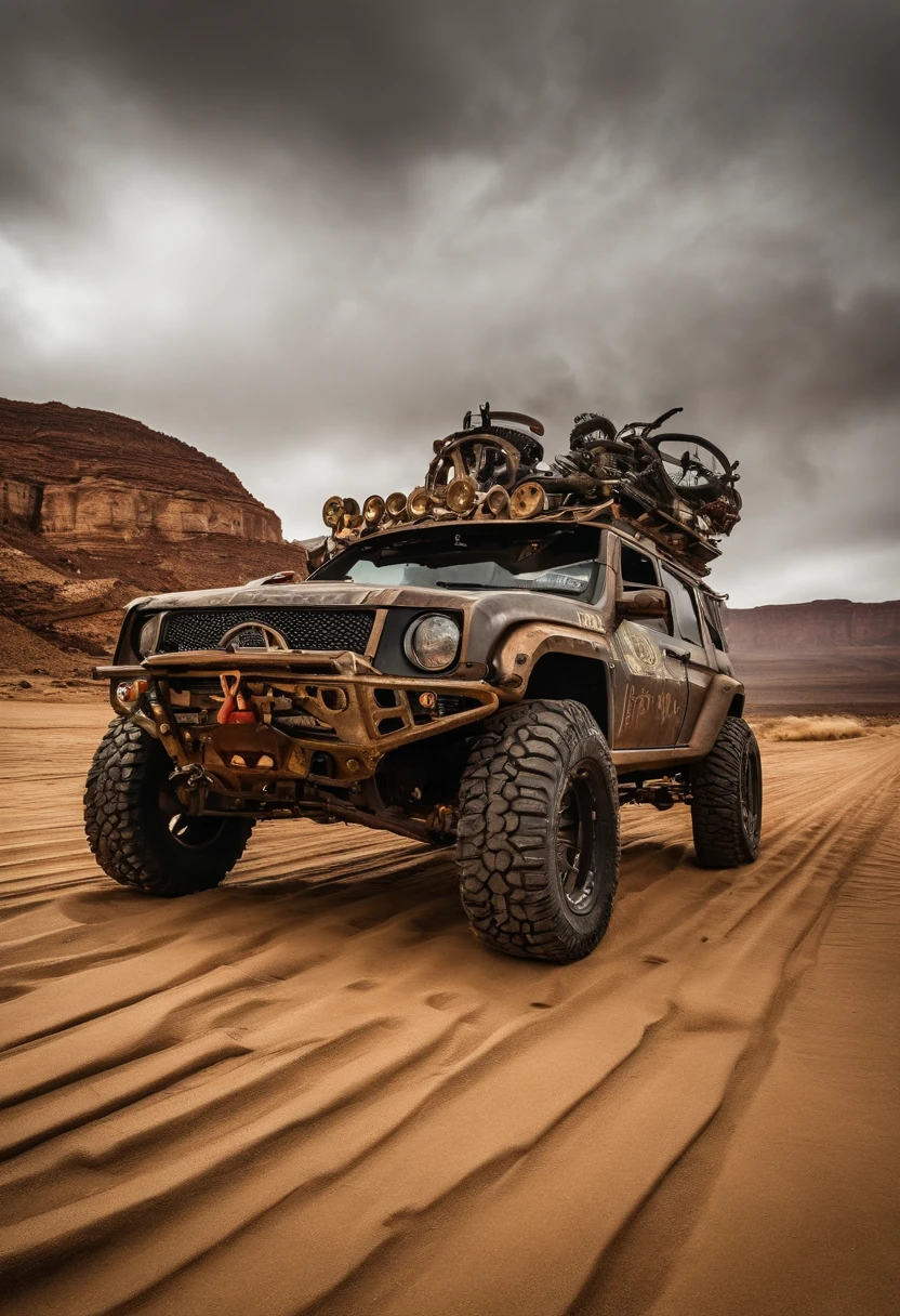 Um closeup de um carro hibrido, Prepared to face a zombie invasion, estribos nas laterais, com brindagem, Competition Accessories (( pneus grossos e altos)) rodas preta de off-road, quebra mato frontal ((( Estilo militar))), com pontas e correntes presa a carroceria, postapocalyptic style, Estilo Mad Max, dominance, corpo inteiro, corpo inteiro, 4l, gm, desporto, Detalhe poderoso, Album art, new vehicle, extremamente intrincado, vehicle, ao fundo deserto do nordeste do Brasil, um burro ao lado do carro