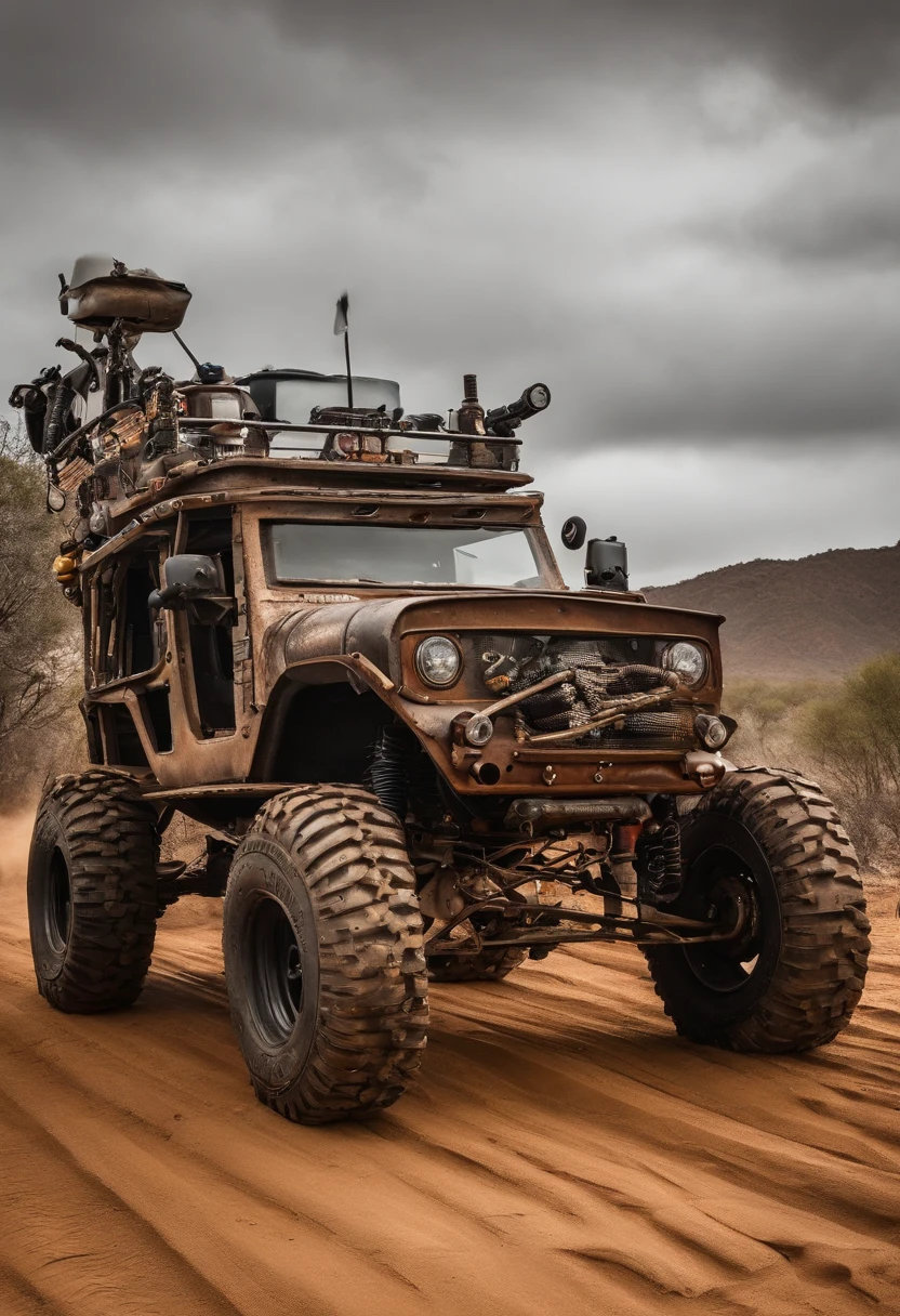 Um closeup de um carro hibrido, Prepared to face a zombie invasion, estribos nas laterais, com brindagem, Competition Accessories (( pneus grossos e altos)) rodas preta de off-road, quebra mato frontal ((( Estilo militar))), com pontas e correntes presa a carroceria, postapocalyptic style, Estilo Mad Max, dominance, corpo inteiro, corpo inteiro, 4l, gm, desporto, Detalhe poderoso, Album art, new vehicle, extremamente intrincado, vehicle, ao fundo deserto do nordeste do Brasil, um burro ao lado do carro
