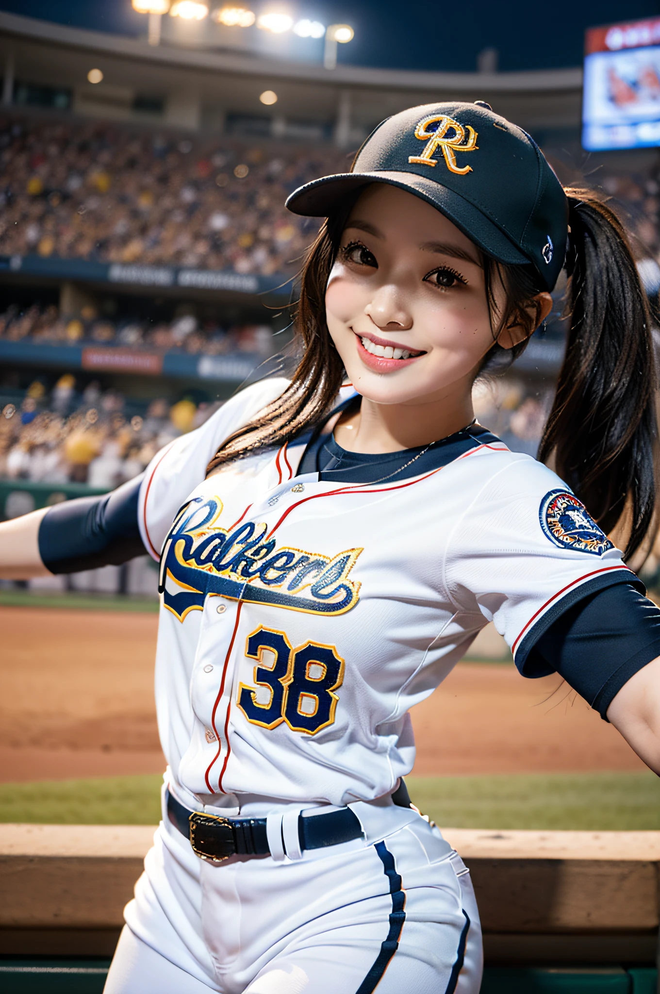 captura "Eri Kamei" In the attire of a major league baseball player. She should wear a classic baseball uniform, Confidently grip the bat. The scene is、Should reflect the vibrant atmosphere of a Major League Baseball game, Smiling while emphasizing white teeth in stadium lights. The image should be photorealistic, Showcases the intricate details of her costumes and the authenticity of a baseball game. Use the Canon EOS-1D X Mark III DSLR Camera, EF 70-200mm f/2.8L is III USM lens。。。。, Resolution 20.1 megapixel, ISO sensit: 102,400, Shutter Speed 1/8000 seconds - AR16:9 - V5.1 --Style raw --Q 2 --S 750.