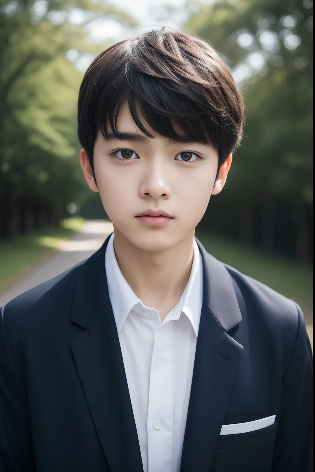 1 boy、校服、School route、Schools、Looking into the distance、Full body portrait、(Photorealsitic:1.4)、High school students、Japan Boys、A dark-haired、The upper part of the body、a cool、An ultra-high picture quality、top-quality、masterpiece、18year old、