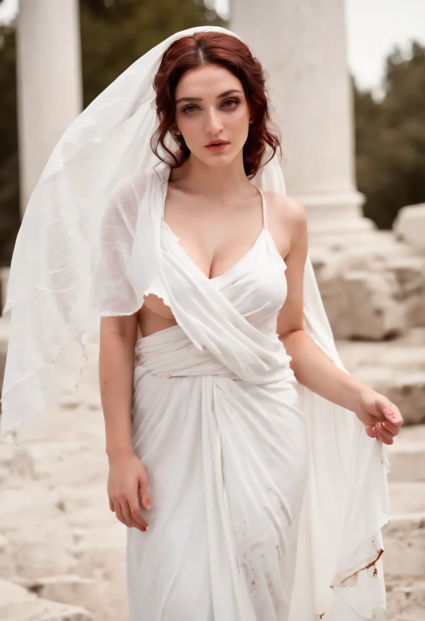 Greek goddess of hearth and fire, with ((dark red hair)) and ((dark red eyes)), is fair-skinned, (wears a torn long white greek toga and a torn white veil, ultra huge tits:2.0, realistic nipples:2.0), looks mysterious and beautiful, inside of an ancient greek temple, "holy fire of vesta", Greek mythology, sacred atmosphere, photorealistic, super high quality, super detail, ultra accurate description of hands, masterpiece, 8K, HDR
