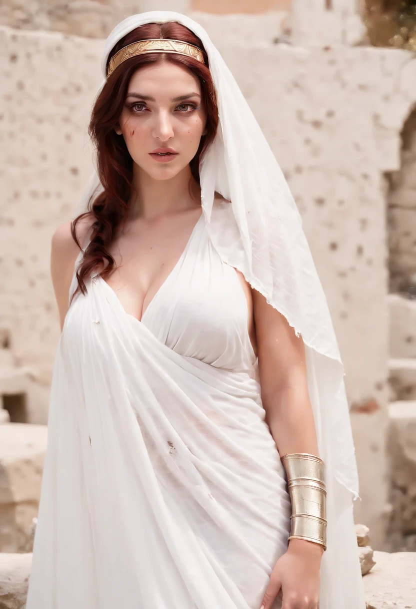 Greek goddess of hearth and fire, with ((dark red hair)) and ((dark red eyes)), is fair-skinned, (wears a torn long white greek toga and a torn white veil, ultra huge tits:2.0, realistic nipples:2.0), looks mysterious and beautiful, inside of an ancient greek temple, "holy fire of vesta", Greek mythology, sacred atmosphere, photorealistic, super high quality, super detail, ultra accurate description of hands, masterpiece, 8K, HDR