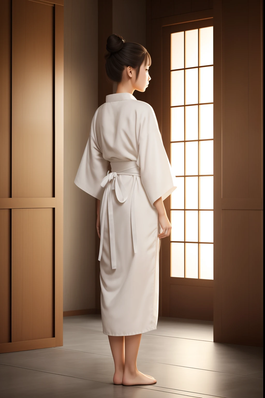 ((Masterpiece,Best quality, high resolution)), 1girll, Solo, The light is gentle,1 girl in a gray yukata,white sash,burlap,Female prisoners,With a petite figure,brunette color hair,hair-bun,Stand in a gloomy prison,stand posture,Full body like,Painful expression,is shy,Clothing covers the whole body,folds,solid color backdrop,back