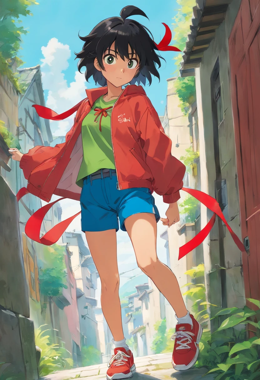 Young adult man, spiky black hair, black eyes, slightly tanned skin, green shorts, blue sneakers, has a red ribbon around her head, playful pose, a yellow t-shirt under a red jacket