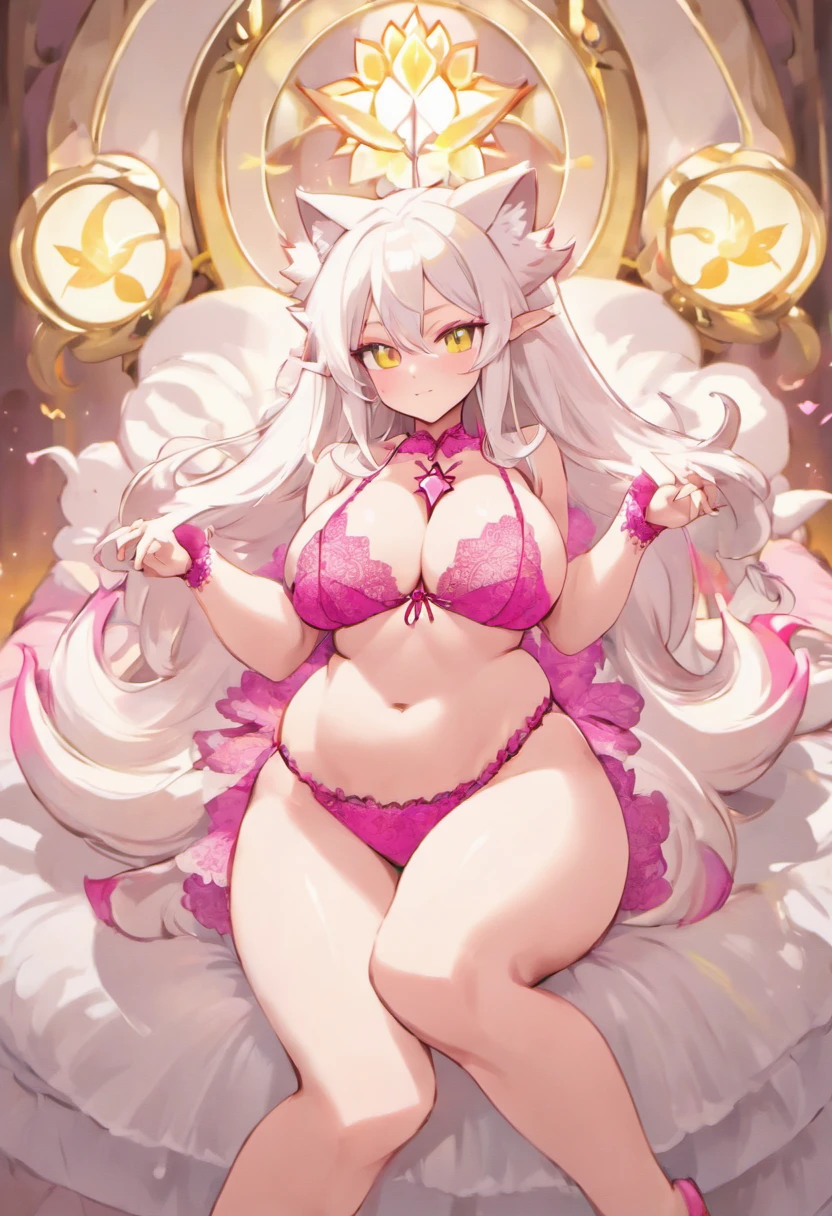 ((high elf girl)) with ((Long straight whiteHair)) and ((Kitsune Tails)) ((light yellow eyes)) and ((hyper Breasts)) and ((massive waist)), ((full-length portrait)), ((sitting on a bed doing something sexy)), ((wear pink lace bra and pink lace panties)) and ((Massive Hourglass Figure))
