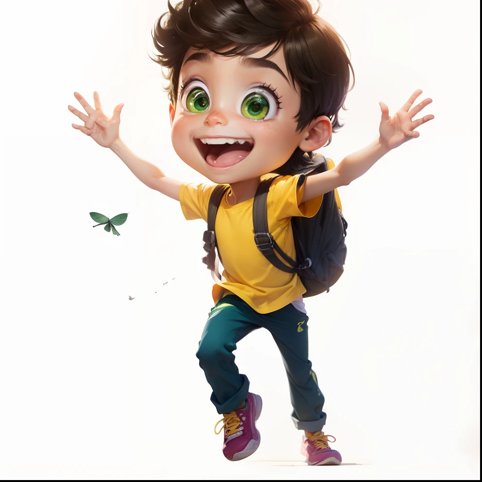 Menino 8 anos de idade olhos verdes e camisa amarela, desenho estilo Pixar, is running without a backpack and with joy