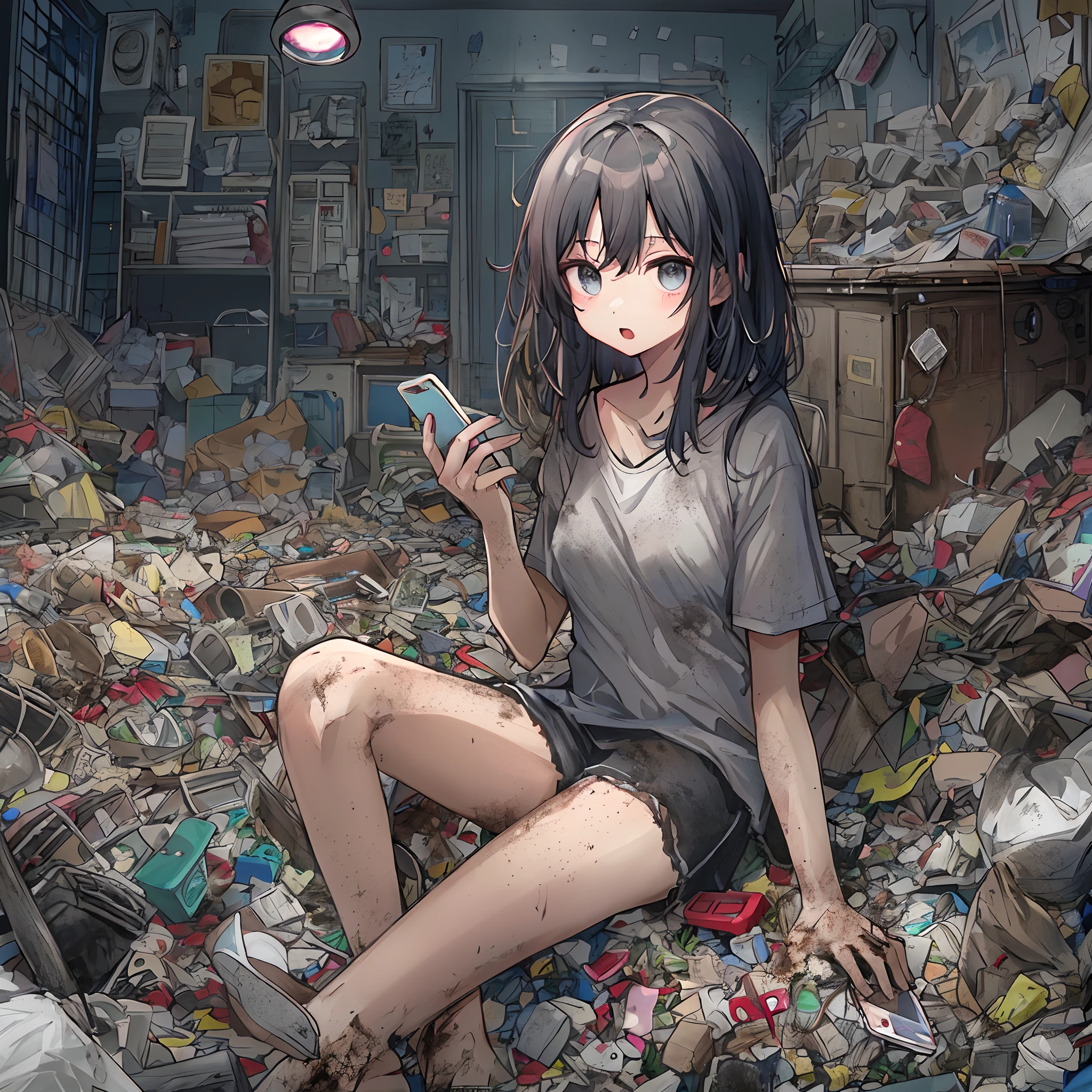 absurderes, hight resolution, (Anime style:1.1), ((masutepiece)), ((Best Quality)), (Ultra-detailed), (Beautiful), 独奏, Beautiful face、(liftup)、(Cute girl holding phone sitting on garbage in incredibly dirty room:1.4)、The room is full of garbage、Garbage with rolled tissue、There are several cockroaches、,,unkempt black hair、 Black eye,Ephemeral,,Looking at Viewer,Dramatic,、(full body Esbian)、14years、((Low position,From below:1.5))、、Greasy hair、Unkempt hair、Detailed garbage pile on background、(I'm naked and wearing only a t-shirt:1.5)、darkened room、Scattering of food waste、(Surveillance cameras are attached to the wall:1.3)