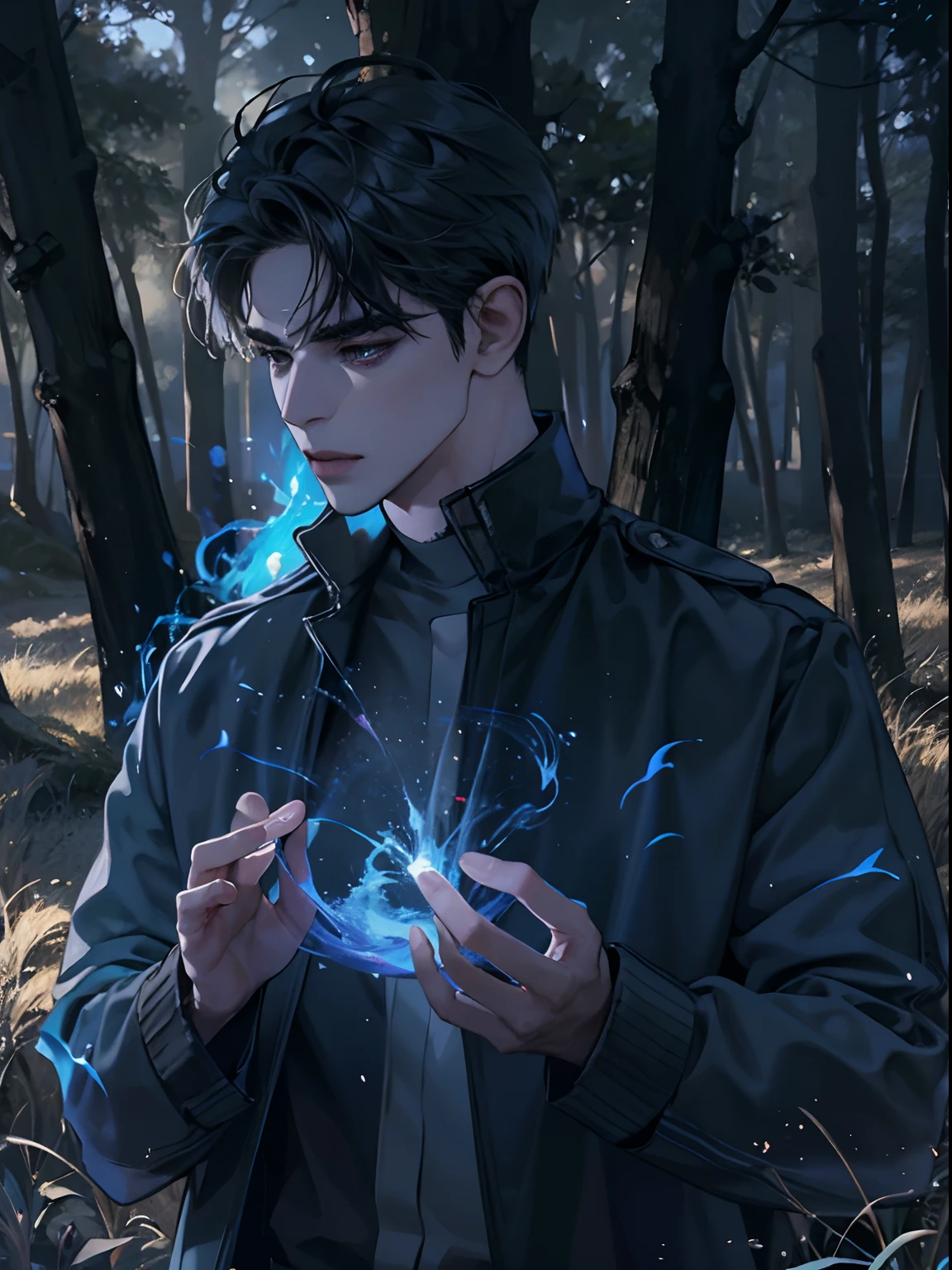 25-year-old man holds blue fire, Lleva una armadura de luz negra japonesa, En el bosque oscuro, cinematic lighting, profundidad de campo, Luz brillante, Trazado de rayos, Reflection light, primer plano, obra maestra, obra maestra, alta calidad, La mejor calidad, Detalles altos, ccurar, Anatomically correct, piel texturizada, UHD, Altas Resoluciones, 1080p
