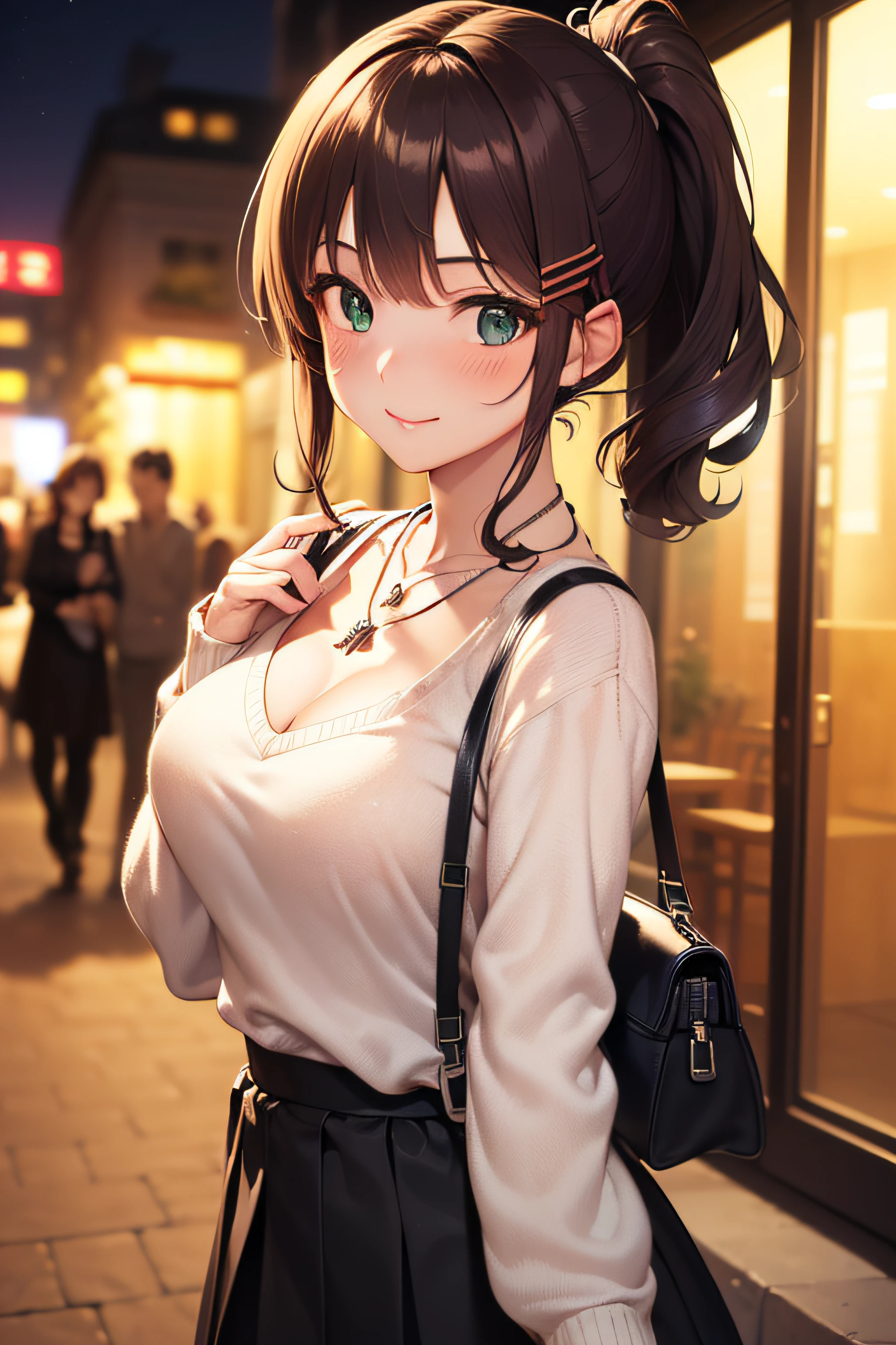 ((masterpiece, best quality, highres, UHD, perfect pixel, depth of field, 4k, RTX, HDR))), 1girl, single, solo, beautiful anime girl, beautiful artstyle, anime character, 24 years old, ((long hair, bangs, dark brown hair, curly hair:1.2, hair pin, ponytail)), ((detailed face, blushing:1.2)), ((detailed eyes, anime eyes style, beautiful eyes, green eyes:1.8, sparkling effect)), ((smooth texture:0.75, realistic texture:0.5, anime CG style)), ((medium breasts, cleavage)), busty, perfect body, ((close up, cute, shot on face, pov selfie, smile)), ((white sweater, black skirt, the bra is visible from inside the sweater)), outdoor background, absurd background, bokeh:1.4, ((night, night lights)), ((minimalist necklace, silver necklace, 1baguette bag, fashionable))