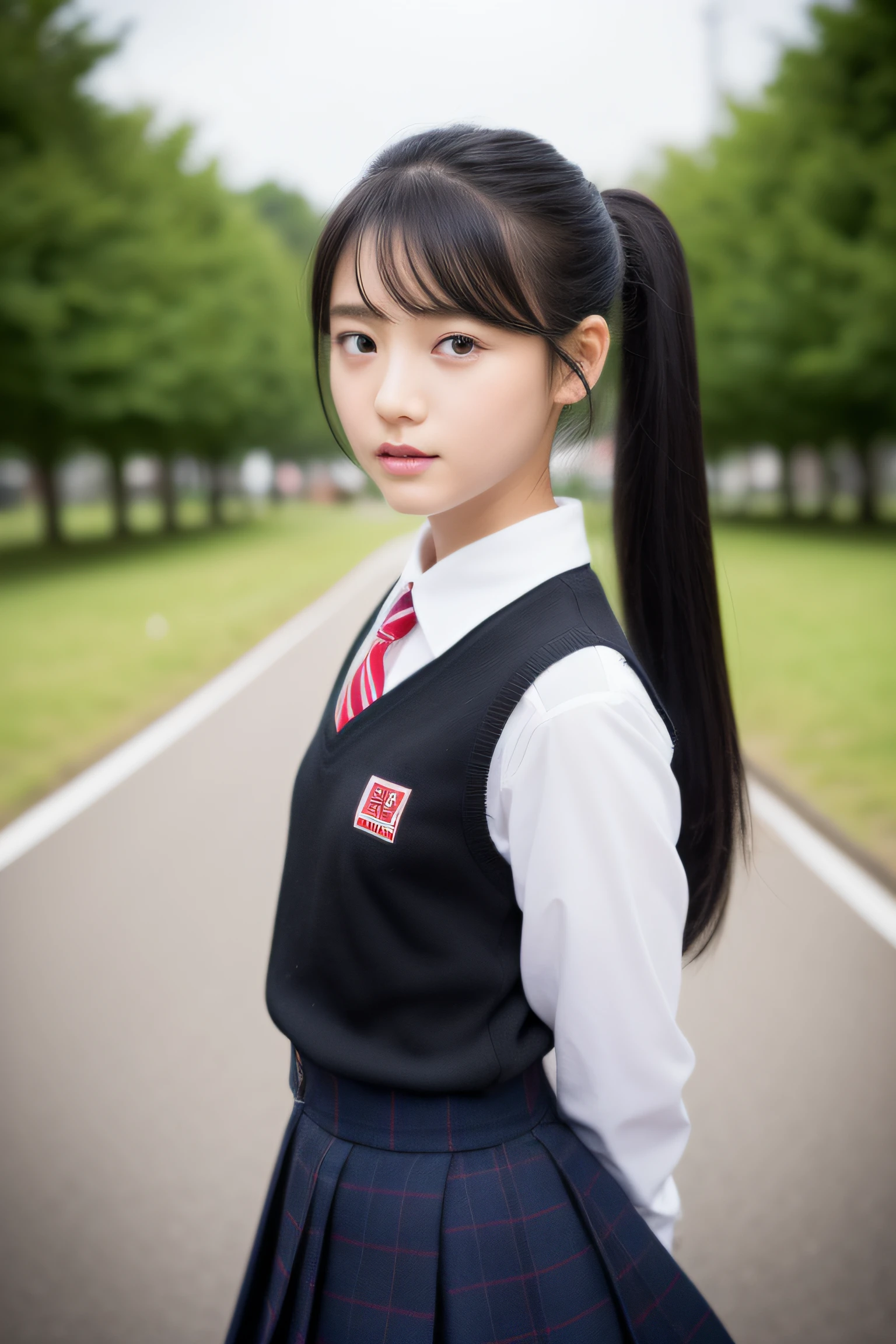 (top-quality、masterpiece)、Neat and clean schoolgirl、petite person、13yo girl、Ponytail with black hair、Blouse with white collar、Red checked miniskirt、white panties、beauitful face、(slim, Small, Flat, Small)、Detailed eyes、Black eyes、Double eyelids、outside of house、the wind、shinny skin、blurry backround、