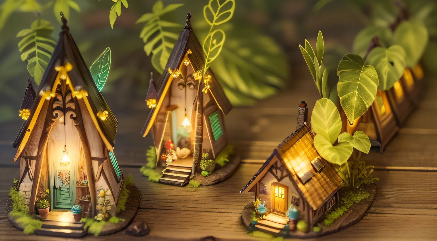 Jungle elves，Wood spirit，Golden-green fluorescent antennae，Cute elves，Small chalet，As night fell