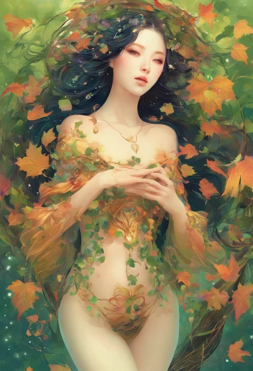 tmasterpiece, top-quality, 1 Dryad、Slim body、Large breasts、Leaf clothes、Large leaves on the head,,,、World Tree、Fantastical、Slim body、Large breasts、beautiful countenance、Dryads、larva、mito 、PsyAI，Dimly lit forest，Pale skin，Vines wrap around the body，The vine passes between the legs