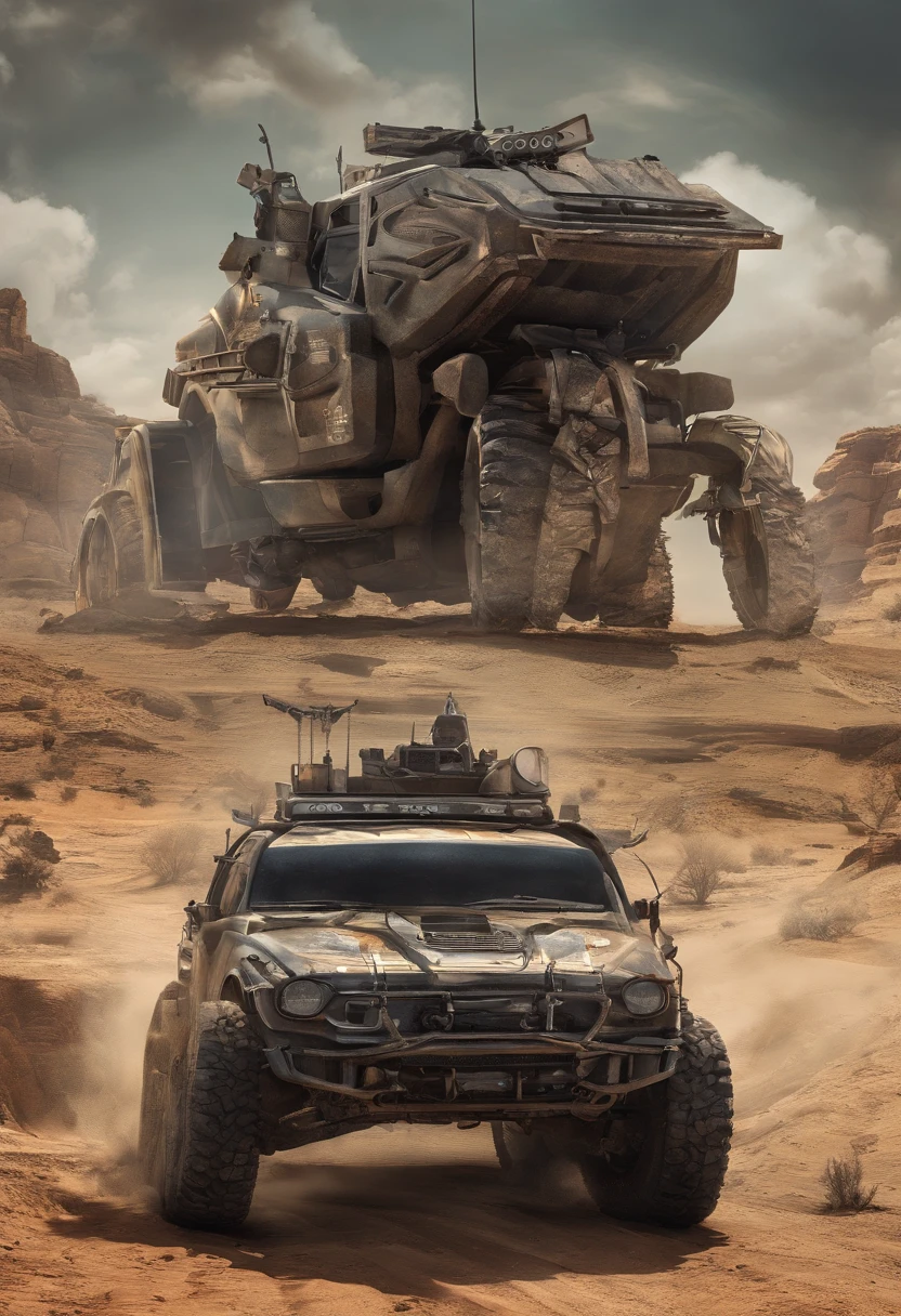 Um closeup de um carro hibrido, Prepared to face a zombie invasion, estribos nas laterais, com brindagem, Competition Accessories (( pneus grossos e altos)) rodas preta de off-road, quebra mato frontal ((( Estilo militar))), com pontas e correntes presa a carroceria, postapocalyptic style, Estilo Mad Max, dominance, corpo inteiro, corpo inteiro, 4l, gm, desporto, Detalhe poderoso, Album art, new vehicle, extremamente intrincado, vehicle, ao fundo deserto do nordeste do Brasil, um burro ao lado do carro