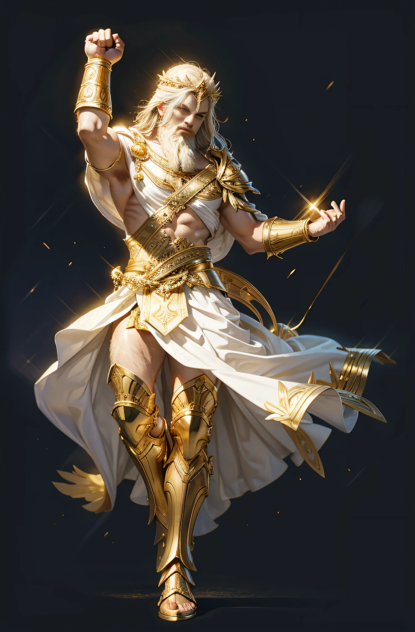 greek myth,Zeus,Flying sacred white robe,Gold Greek decorative pattern,Golden shoulder blades,gold bracers,Gold shin guard,divino,Great,Kamimei