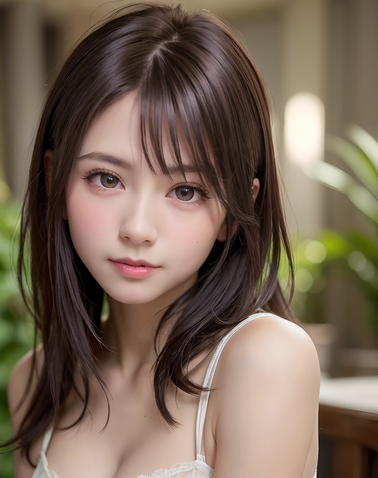 natta, Raw photography, (((Very beautiful portrait))), ((glistning skin)), 1girl in, Sexy 25 year old girl, Cafe Clerk、((Sauvage's natural brown hair)), Gentle smile staring at the camera, ((​masterpiece, top-quality, ultra-detailliert, ciinematic light, intricate detailes, hight resolution, 8K, ighly detailed)), detailedbackground, 8KUHD, Digital SLR, Soft lighting, hightquality, film grains, FujifilmXT3, Shallow depth of field, natural soft light、face perfect