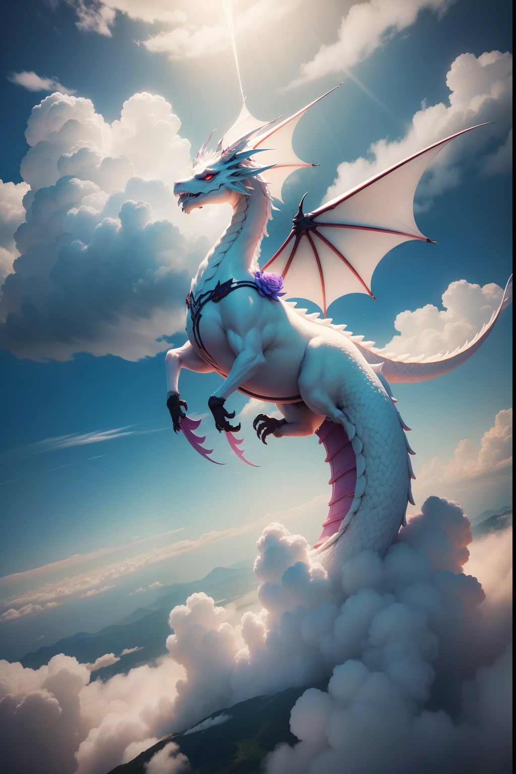 The Chinese White Divine Dragon rose into the air, Clouds of sky surround the surroundings，magia da luz，Fantastic background，Significado de fundo，Ridiculous background，There are artistic overlaps，cabelos multicoloridos, Surrealismo, Cinematic lighting, ray tracing, deus luz, linha de velocidade, angle of view, hiper HD, master part, melhor qualidade, Super Detalhe, A high resolution, alta qualidade，（distant view：1.3）