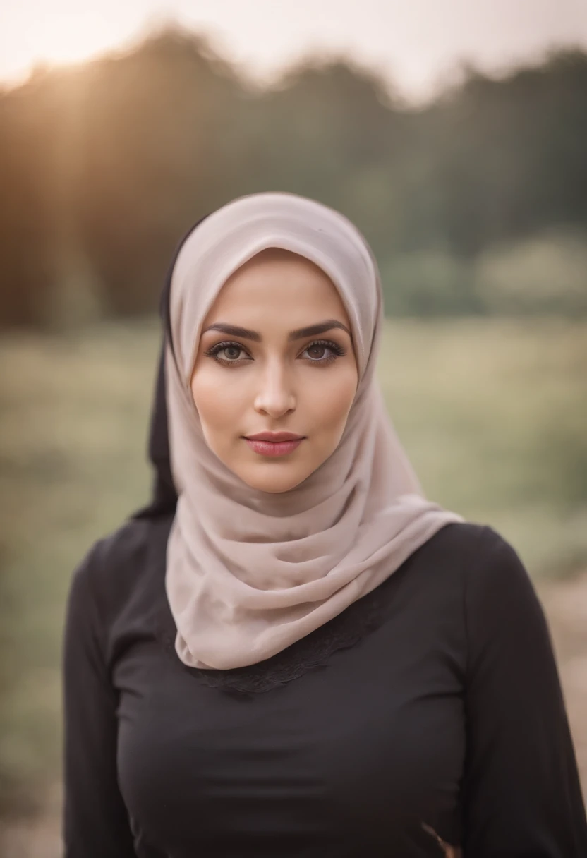 (a beautiful 30-year-old woman wearing a hijab, confident expression, bright eyes) her complete body is seen, realistic