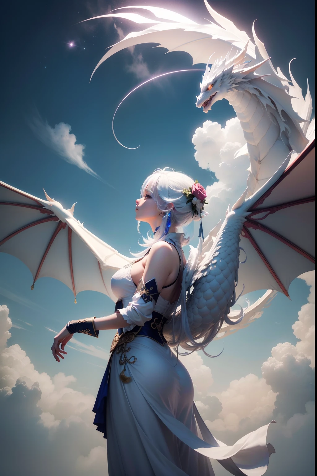 The Chinese White Divine Dragon rose into the air, Clouds of sky surround the surroundings,magia da luz,Fantastic background,Significado de fundo,Ridiculous background,There are artistic overlaps,cabelos multicoloridos, Surrealismo, Cinematic lighting, ray tracing, deus luz, linha de velocidade, angle of view, hiper HD, master part, melhor qualidade, Super Detalhe, A high resolution, alta qualidade,(distant view:1.3)