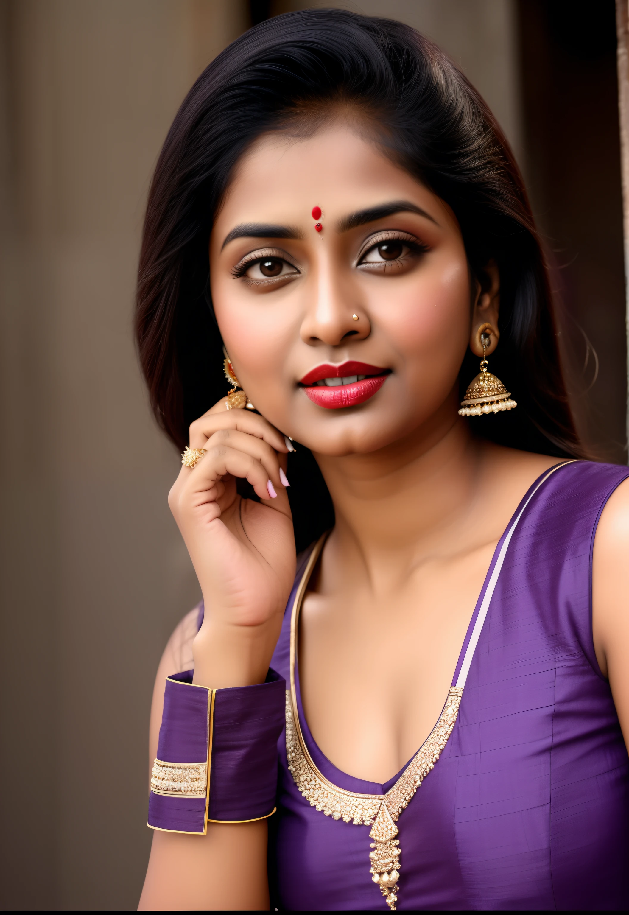 a close up of a female model Richa Soni in a purple cotton dress traditional beauty, indian girl with pale white glowing skin, indian, very very beautiful woman, very beautiful girl, around 25 years old, with lovely look, desi, very very very beautifull face, very beautiful enga style, very beautiful woman, with accurate face, sexy girl with dark complexion, Richa Soni , Richa Soni , Richa Soni Indian actress, richa soni famous celebrity india, decent mackup, dark red lips, white skin tone, bokh colorfull background, portrait background, sexy looks, top, photography taken by T. k padmini, 1990s photo
